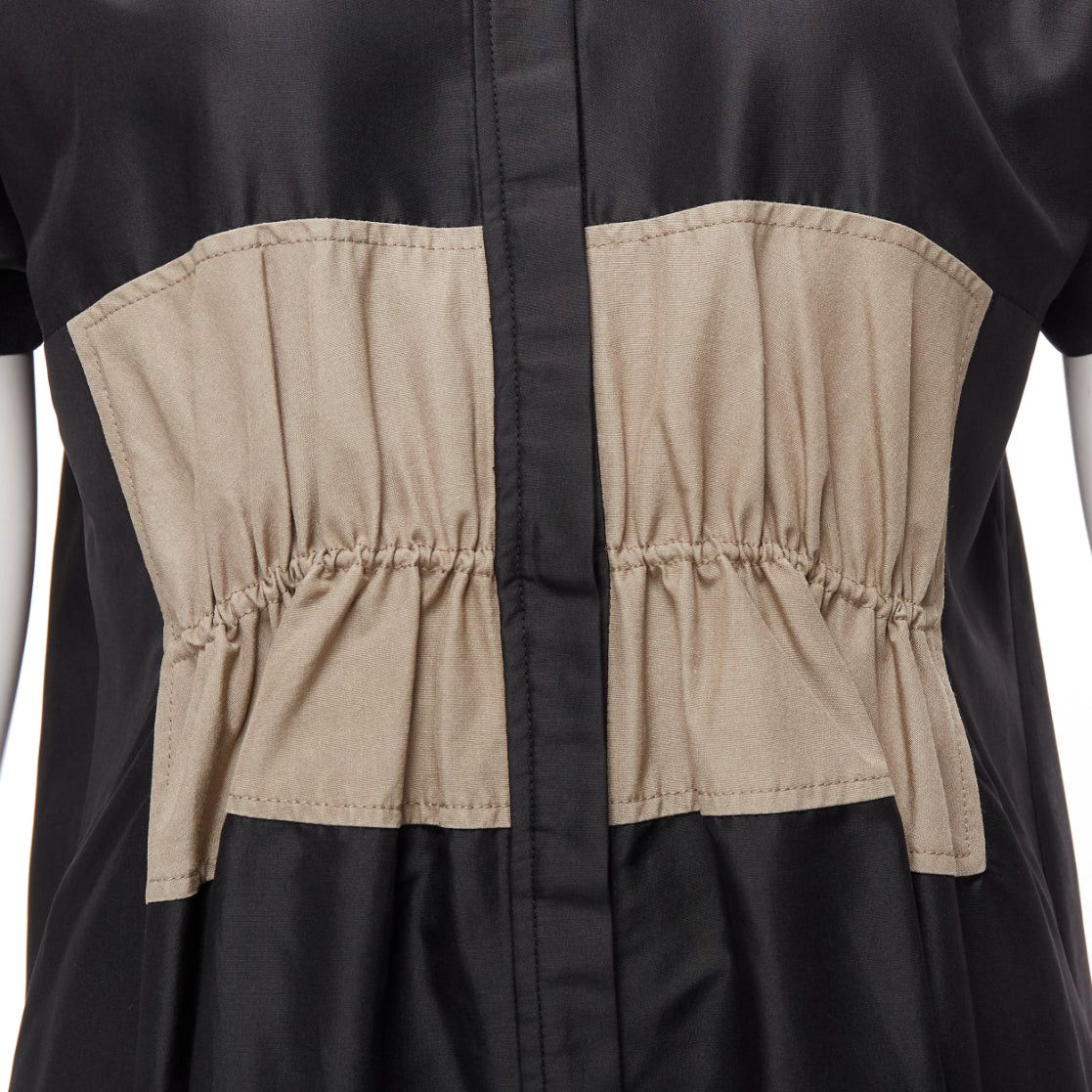 Balenciaga BALENCIAGA 2011 black khaki silk blend colorblock ruched shirt dress FR36 S Size S / US 4 / IT 40 - 2 Thumbnail