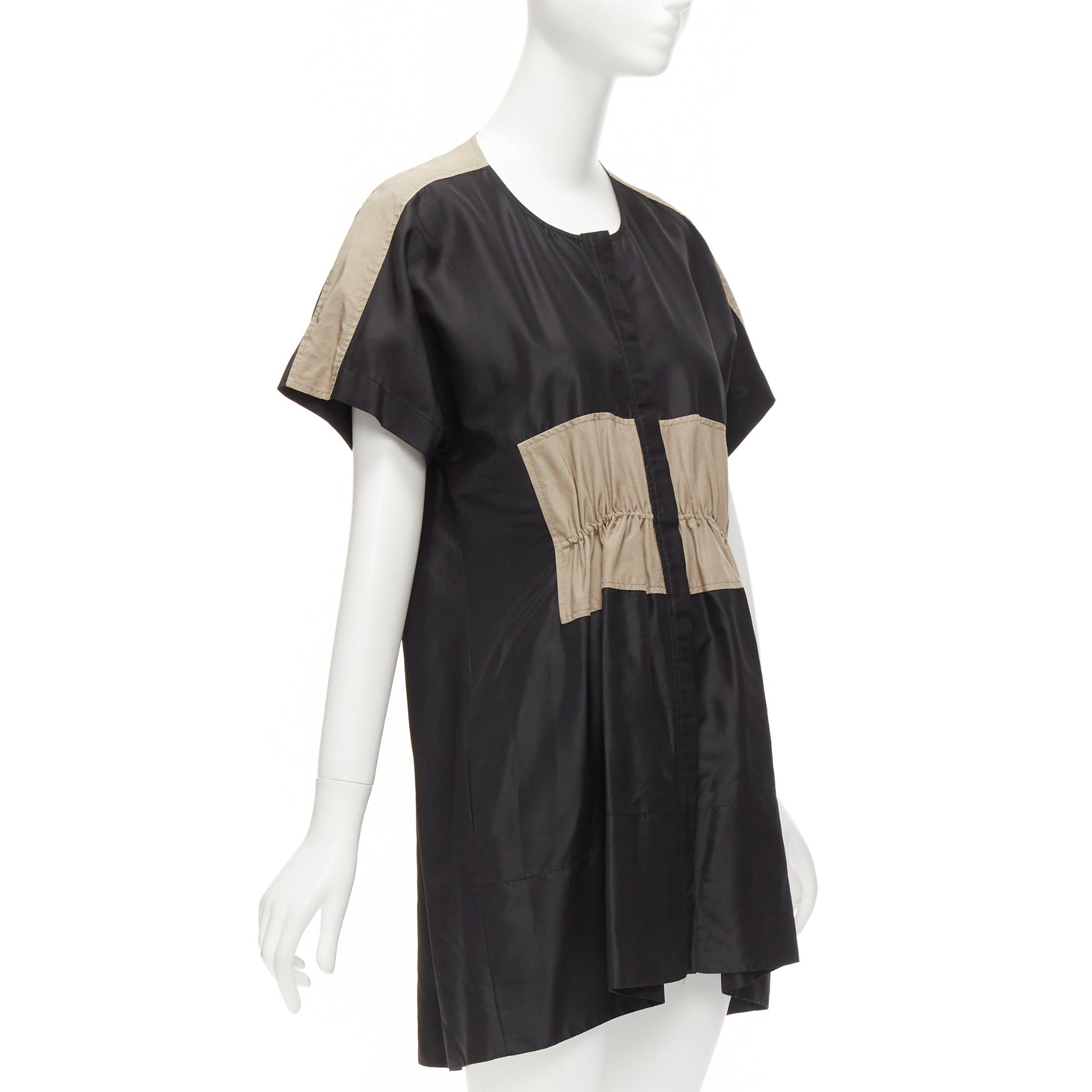 Balenciaga BALENCIAGA 2011 black khaki silk blend colorblock ruched shirt dress FR36 S Size S / US 4 / IT 40 - 3 Thumbnail