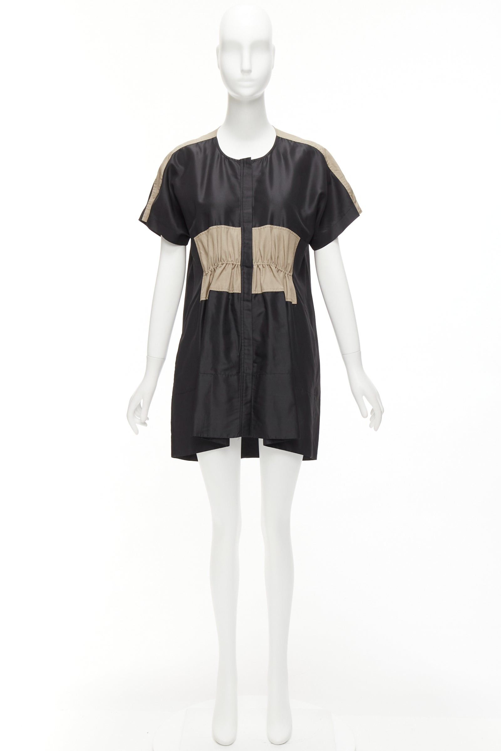 Balenciaga BALENCIAGA 2011 black khaki silk blend colorblock ruched shirt dress FR36 S Size S / US 4 / IT 40 - 11 Thumbnail