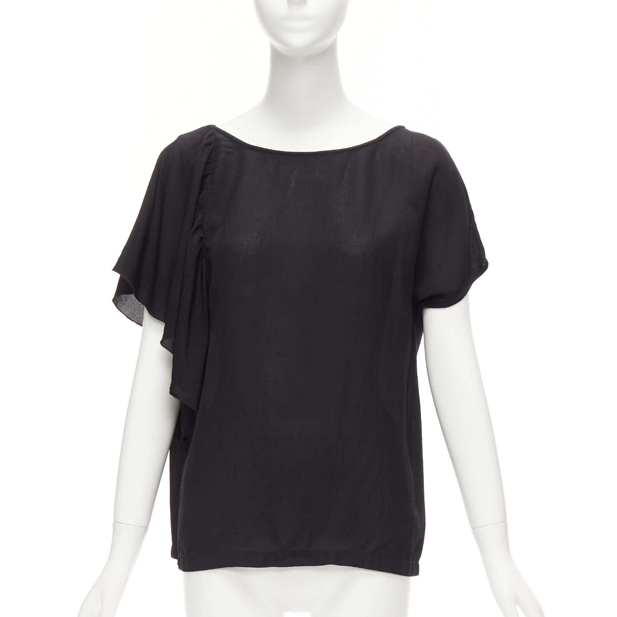 Dries Van Noten DRIES VAN NOTEN black viscose linen asymmetric flutter sleeve blouse top FR40 L Size M / US 6-8 / IT 42-44 - 3 Thumbnail