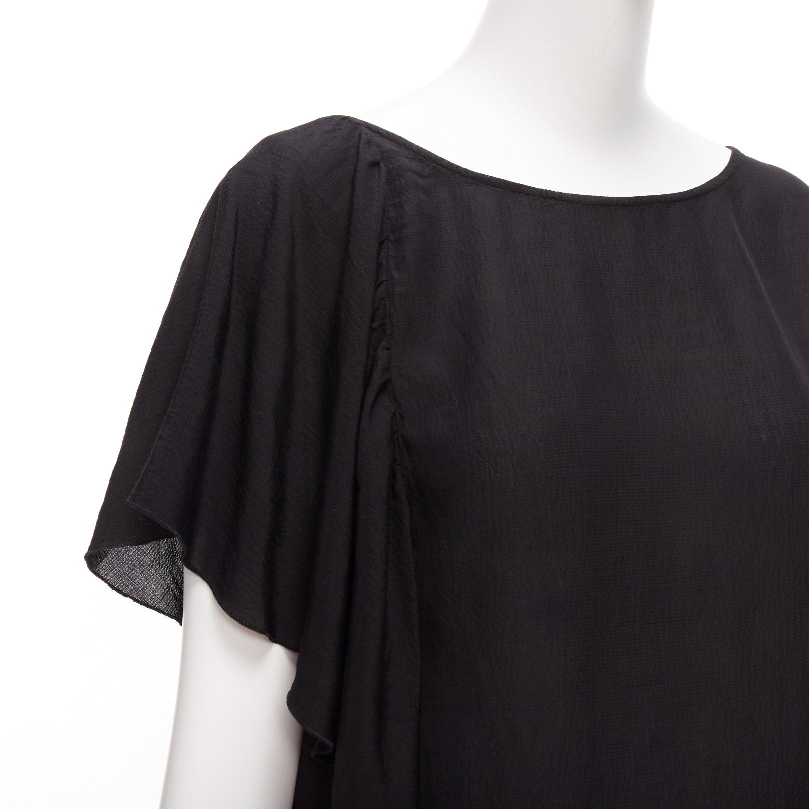 Dries Van Noten DRIES VAN NOTEN black viscose linen asymmetric flutter sleeve blouse top FR40 L Size M / US 6-8 / IT 42-44 - 2 Thumbnail