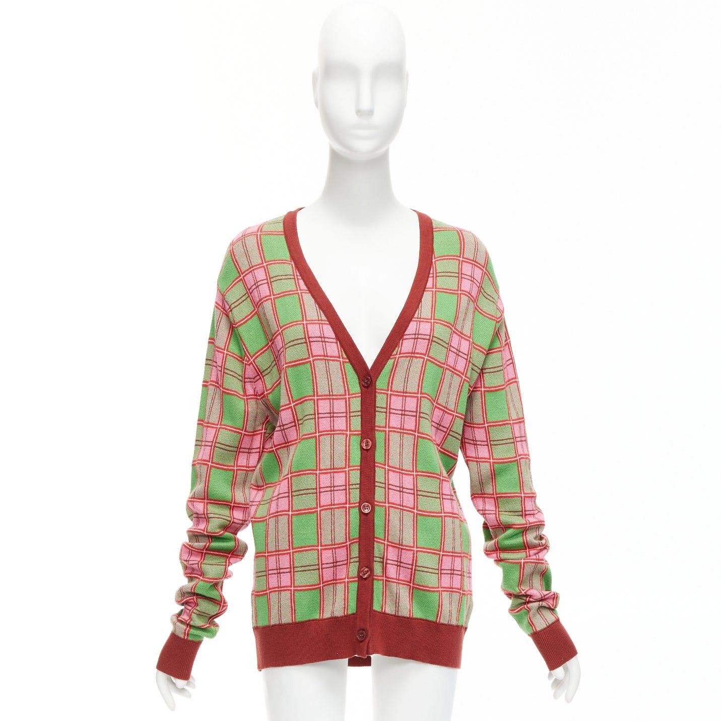 Molly Goddard MOLLY GODDARD Emma green pink combed cotton checked intarsia cardigan L Size M / US 6-8 / IT 42-44 - 9 Thumbnail