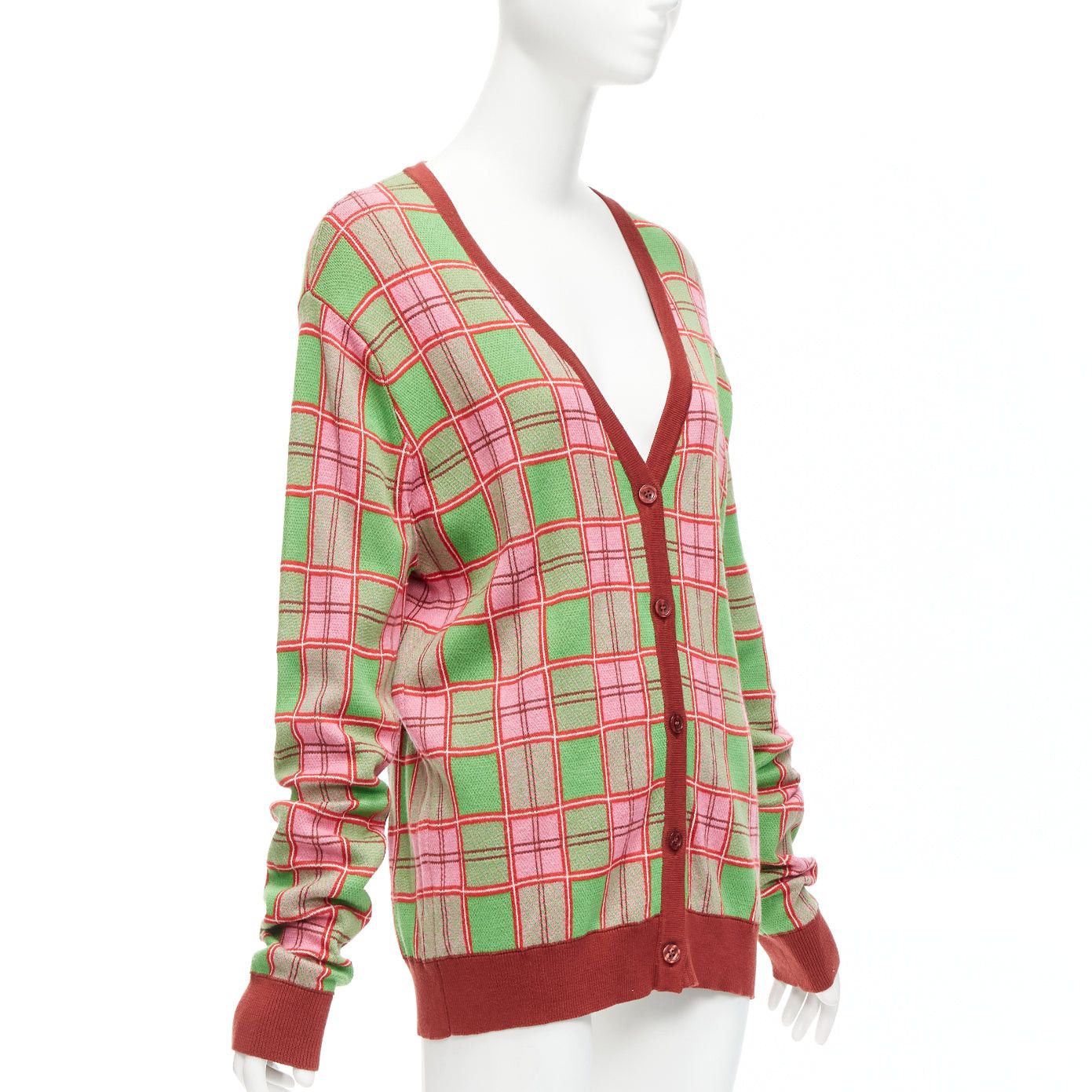 Molly Goddard MOLLY GODDARD Emma green pink combed cotton checked intarsia cardigan L Size M / US 6-8 / IT 42-44 - 3 Thumbnail