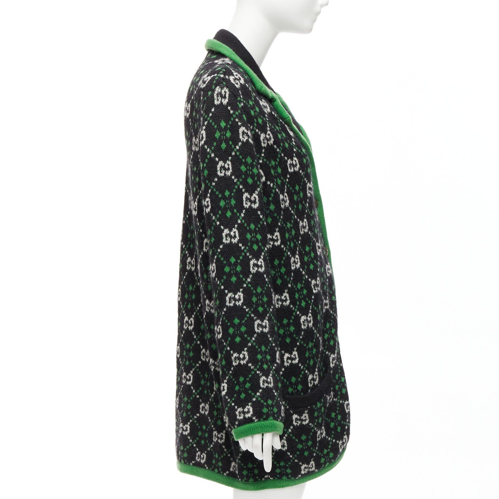 Gucci GUCCI 2018 white black GG monogram alpaca wool green trim knit coat S Size S / US 4 / IT 40 - 5 Thumbnail