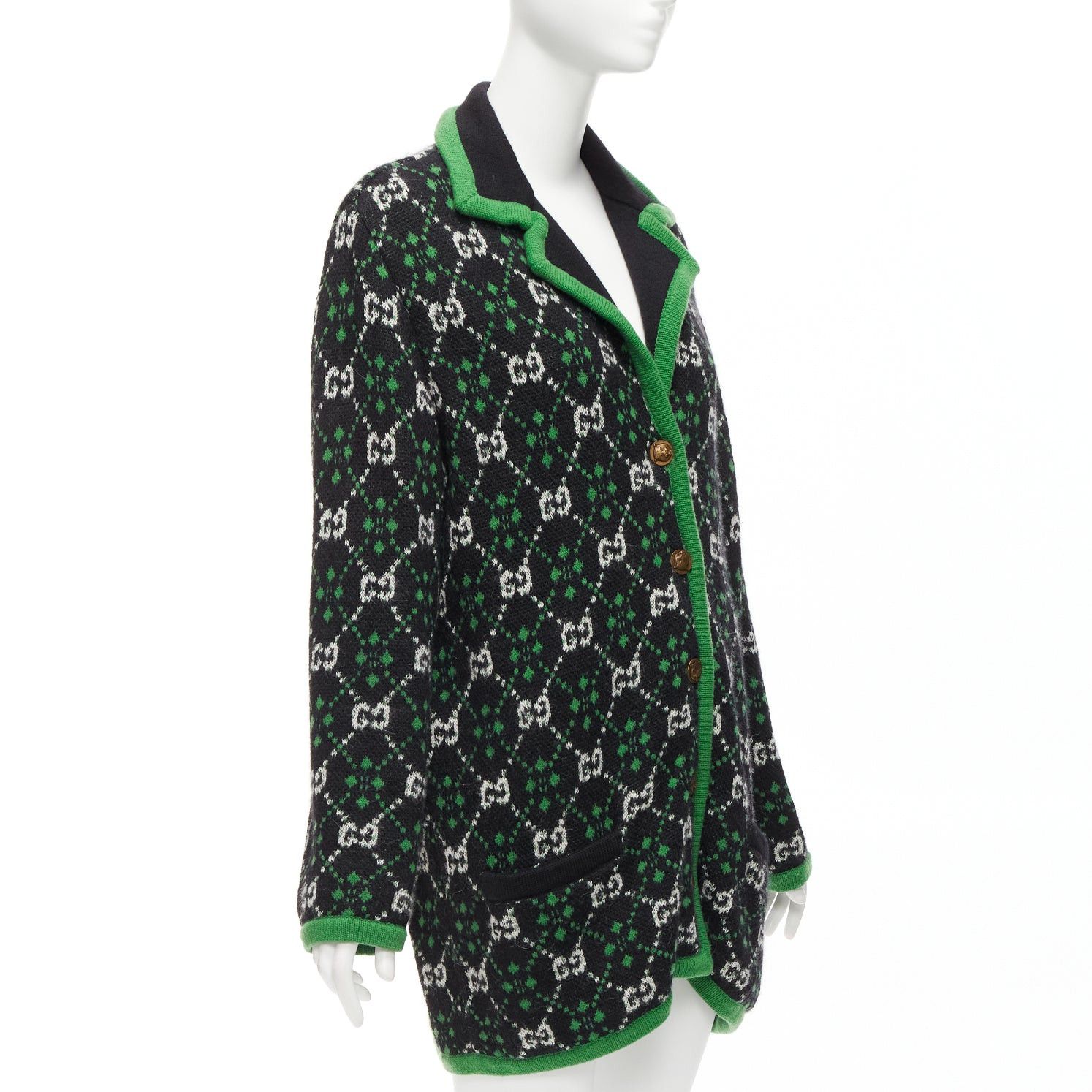 Gucci GUCCI 2018 white black GG monogram alpaca wool green trim knit coat S Size S / US 4 / IT 40 - 4 Thumbnail