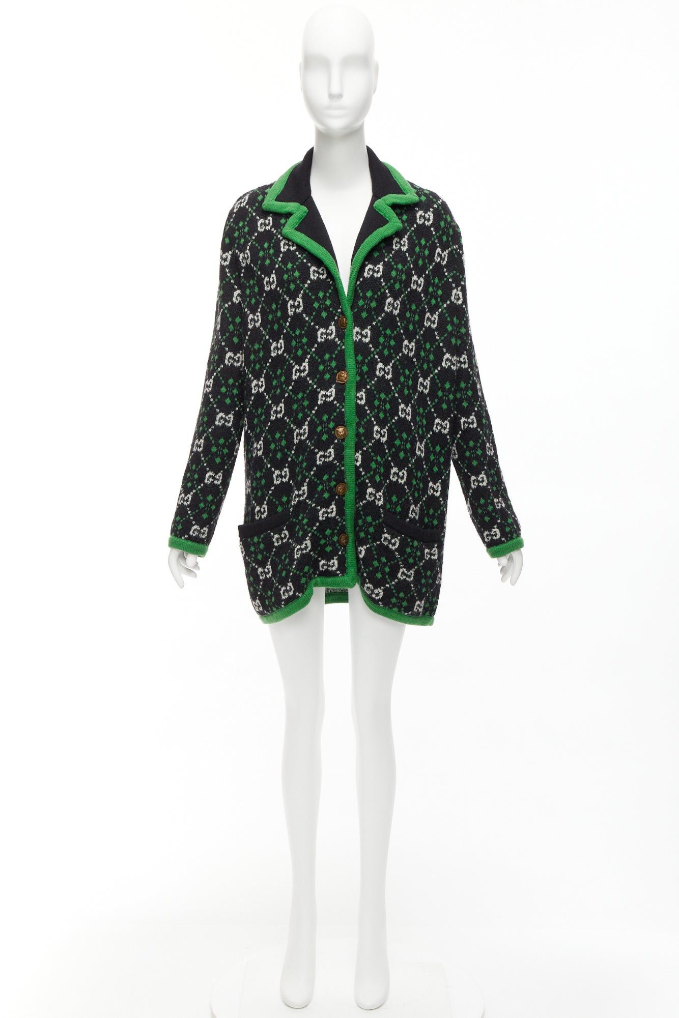 Gucci GUCCI 2018 white black GG monogram alpaca wool green trim knit coat S Size S / US 4 / IT 40 - 10 Thumbnail