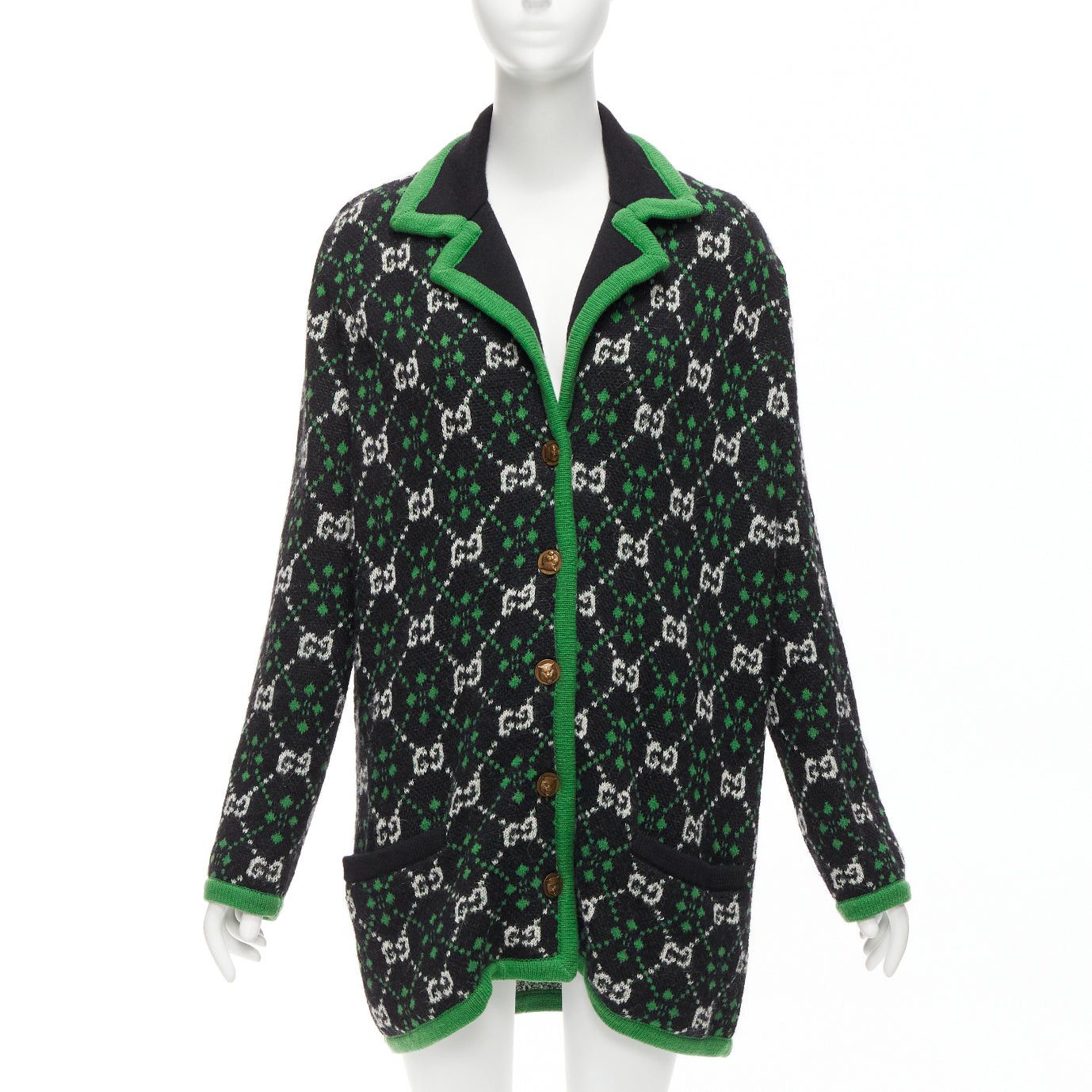 Gucci GUCCI 2018 white black GG monogram alpaca wool green trim knit coat S Size S / US 4 / IT 40 - 3 Thumbnail