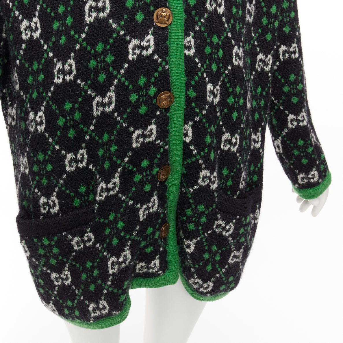 Gucci GUCCI 2018 white black GG monogram alpaca wool green trim knit coat S Size S / US 4 / IT 40 - 8 Thumbnail