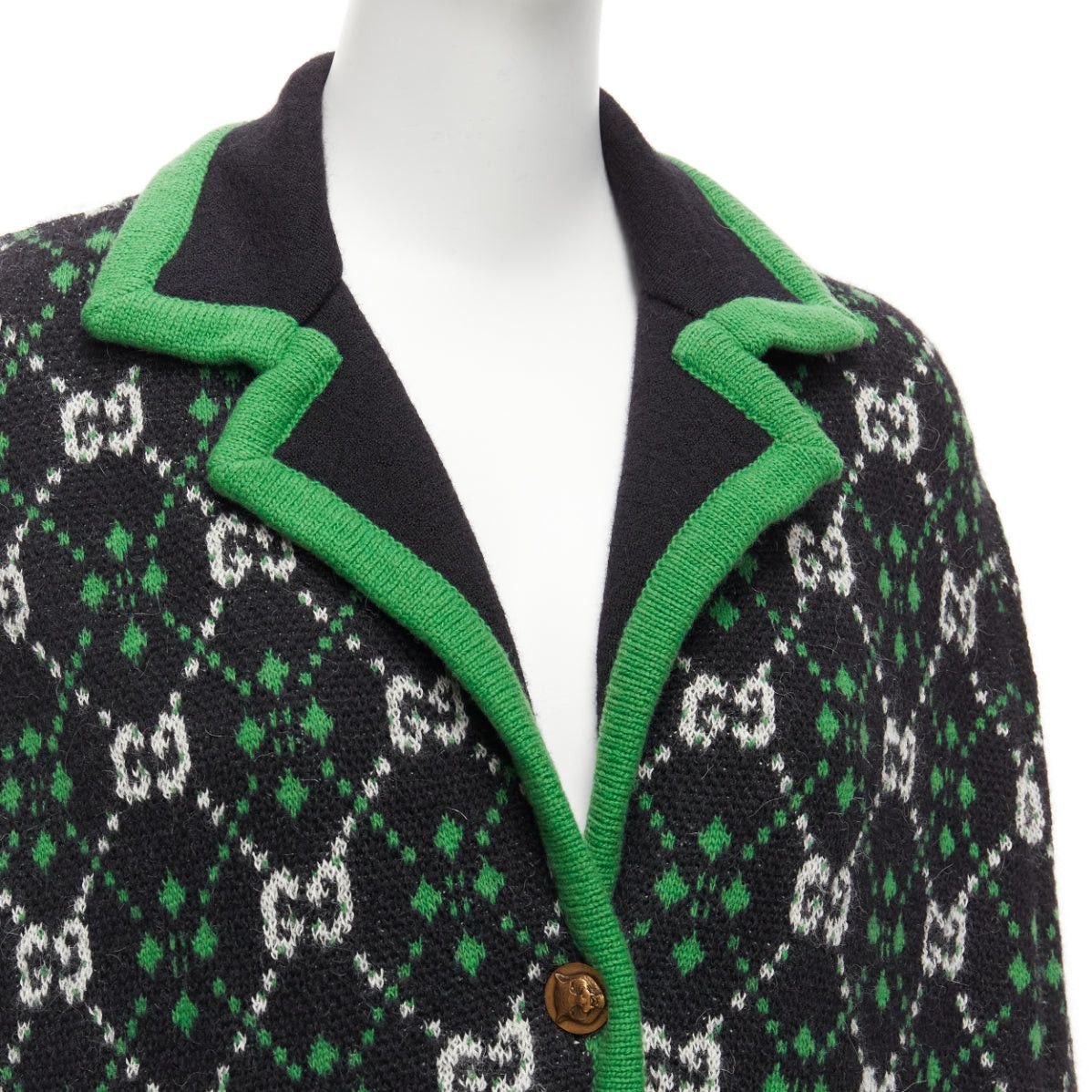 Gucci GUCCI 2018 white black GG monogram alpaca wool green trim knit coat S Size S / US 4 / IT 40 - 2 Thumbnail