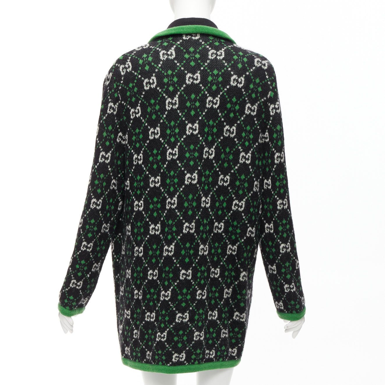 Gucci GUCCI 2018 white black GG monogram alpaca wool green trim knit coat S Size S / US 4 / IT 40 - 6 Thumbnail