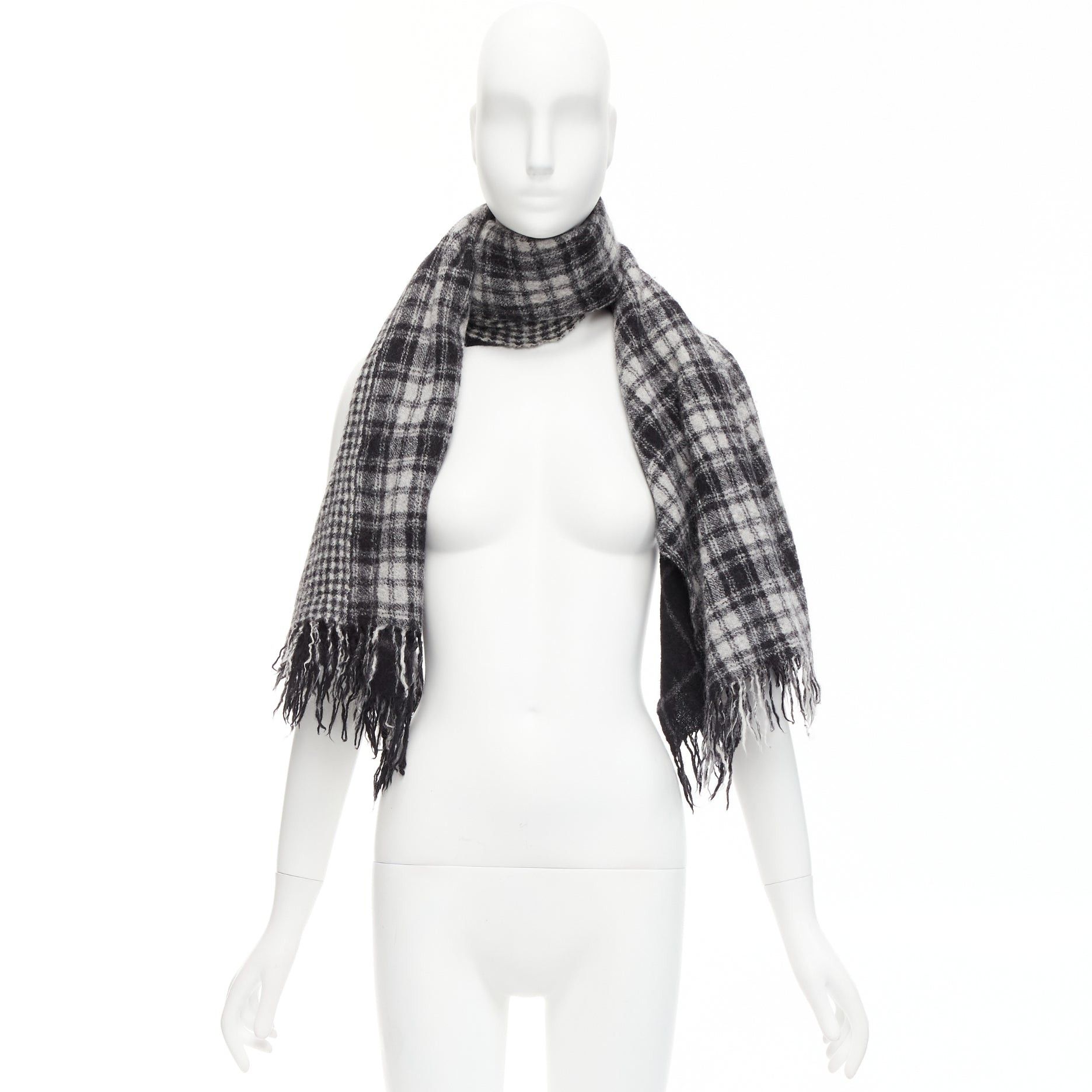 Yohji Yamamoto Y'S YOHJI YAMAMOTO grey 100% wool checkered black Y safety pin fringe scarf Size ONE SIZE - 9 Thumbnail