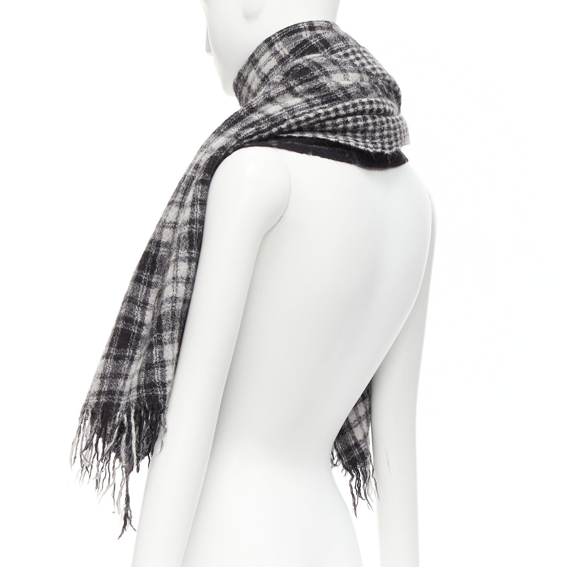 Yohji Yamamoto Y'S YOHJI YAMAMOTO grey 100% wool checkered black Y safety pin fringe scarf Size ONE SIZE - 6 Thumbnail