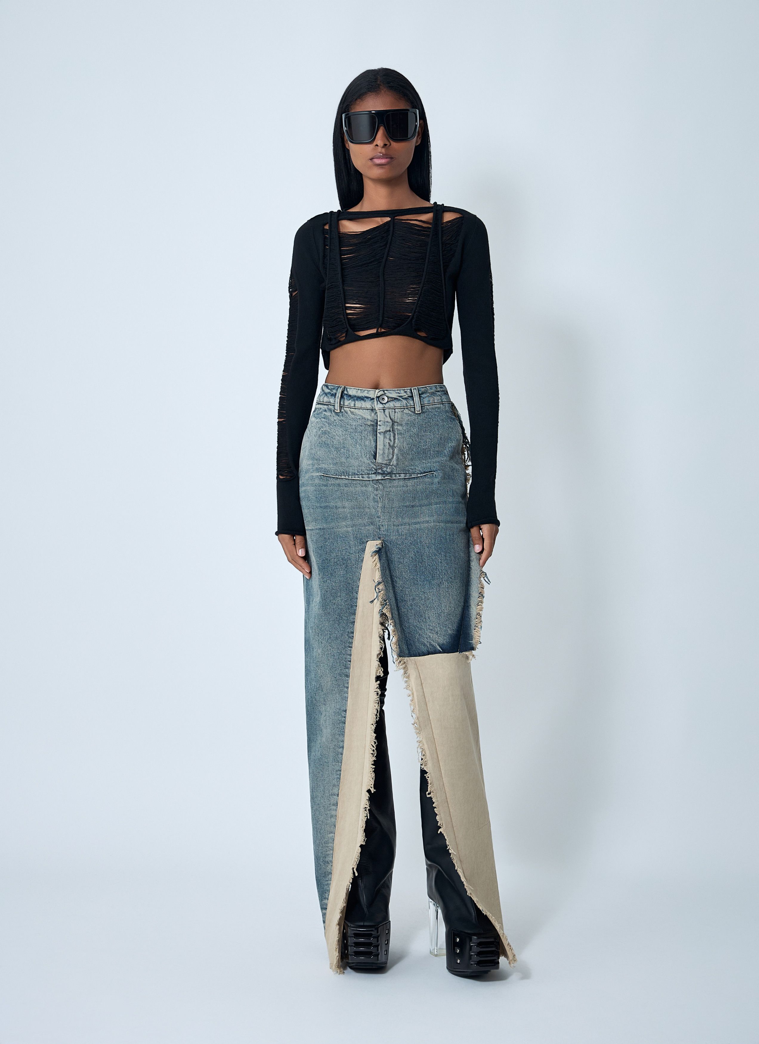 Rick Owens Denim Distressed Maxi Skirt Size 28" / US 6 / IT 42 - 2 Thumbnail