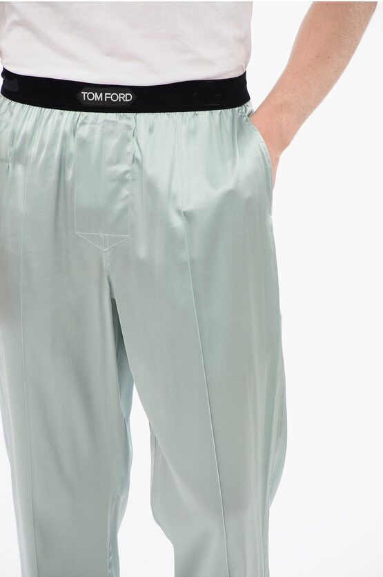 Tom Ford SILK SATIN PIJAMA PANTS WITH VELOUR DETAIL light blue Size US 28 / EU 44 - 3 Thumbnail