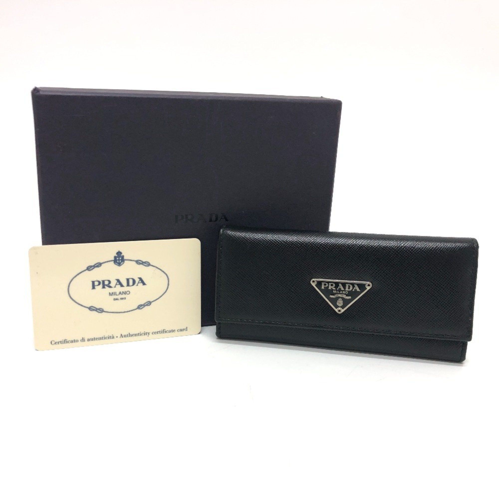 PRADA M26U Triangle Plate Trifold 6-Key Case in Saffiano Leather, Women's, Black