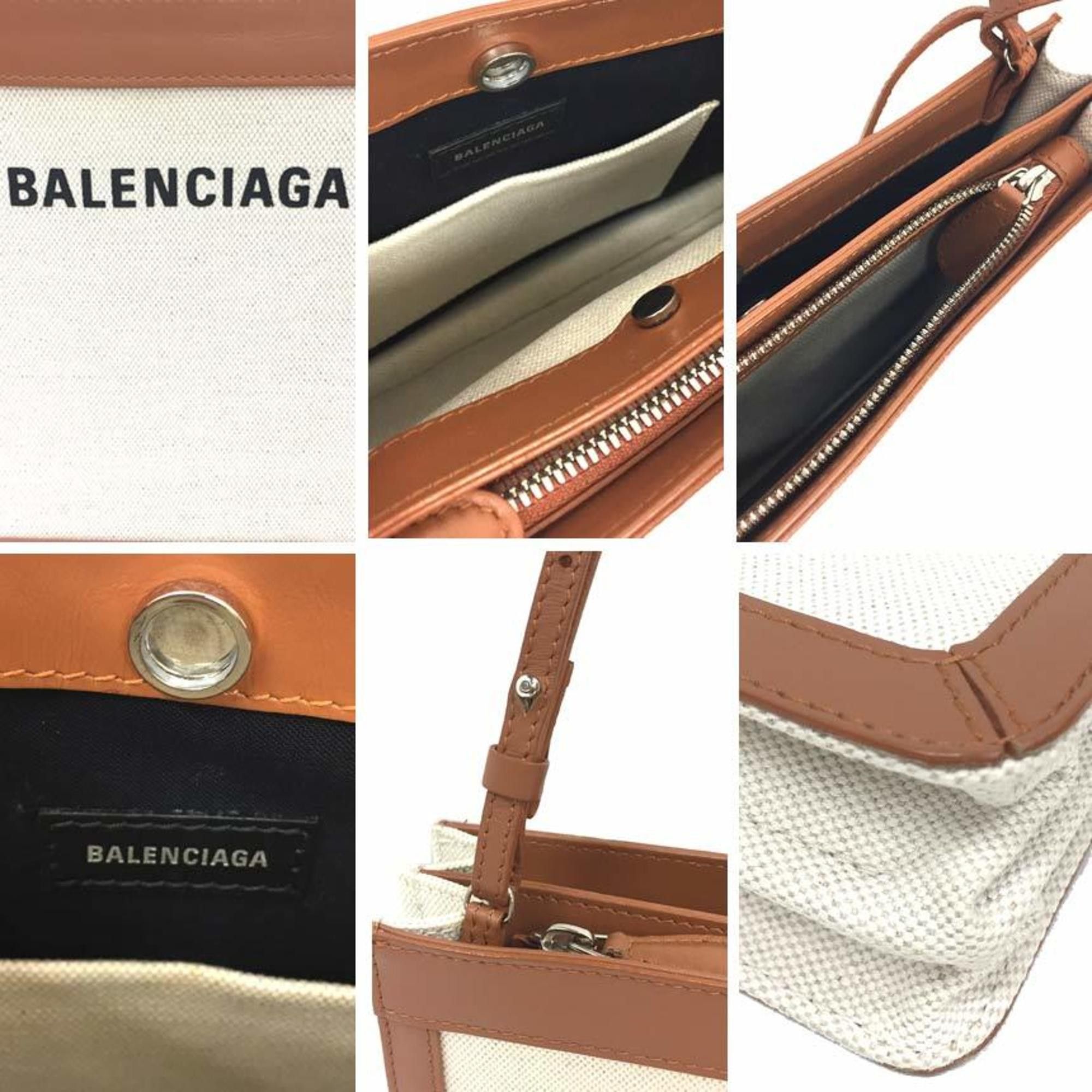 Balenciaga BALENCIAGA Navy Pochette Shoulder Bag 39937 Canvas/Leather White/Brown Size ONE SIZE - 3 Thumbnail