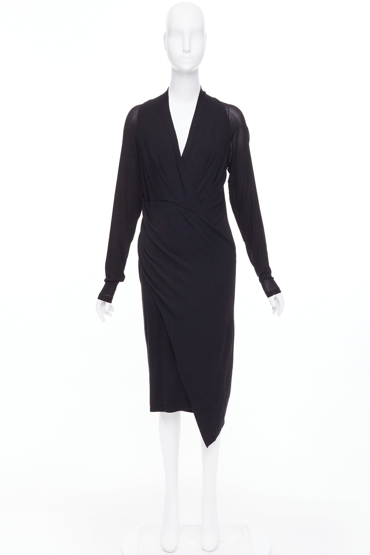 Donna Karan DONNA KARAN black jersey sheer mesh raglan drape plunge high low dress L Size M / US 6-8 / IT 42-44 - 10 Thumbnail