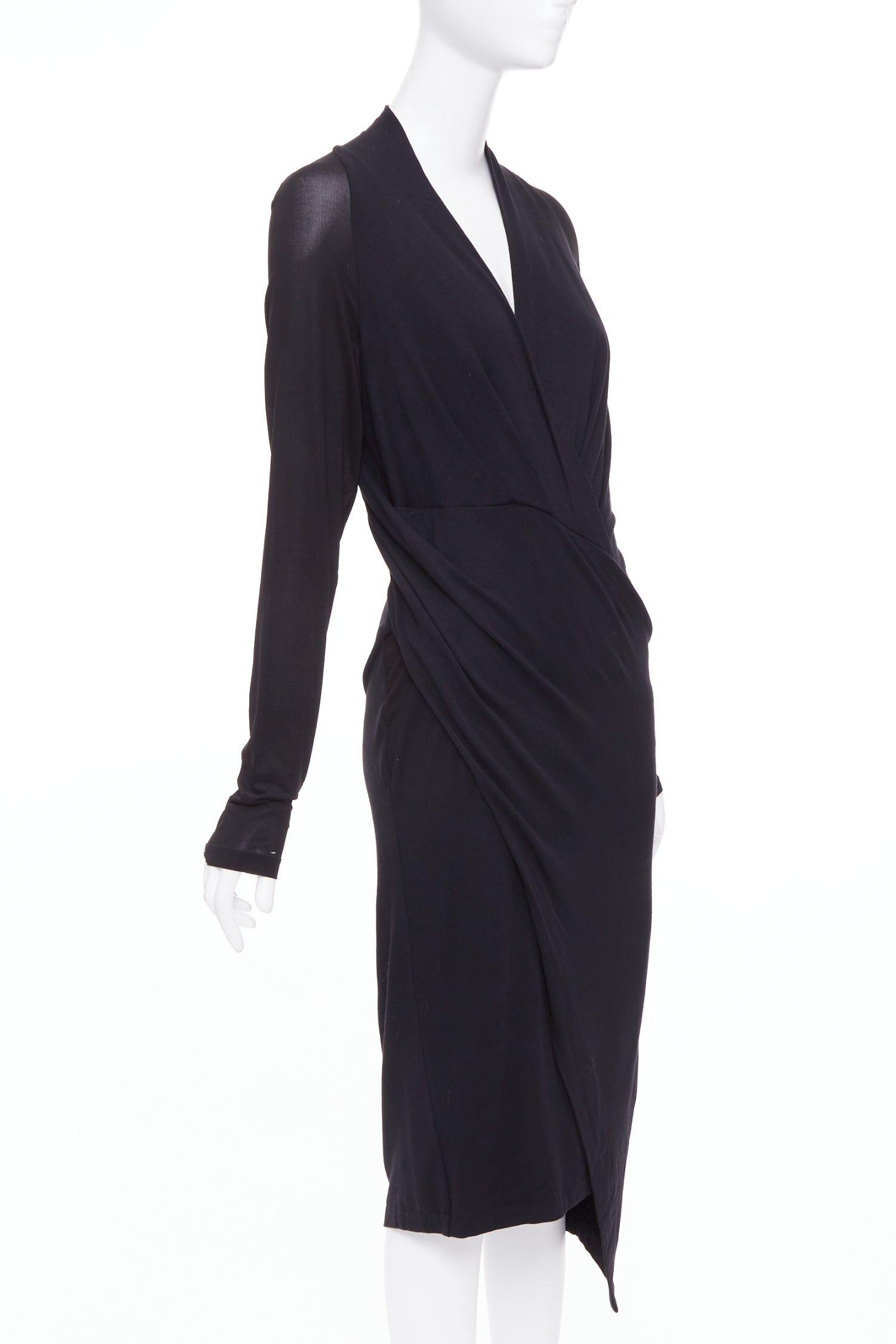 Donna Karan DONNA KARAN black jersey sheer mesh raglan drape plunge high low dress L Size M / US 6-8 / IT 42-44 - 2 Thumbnail