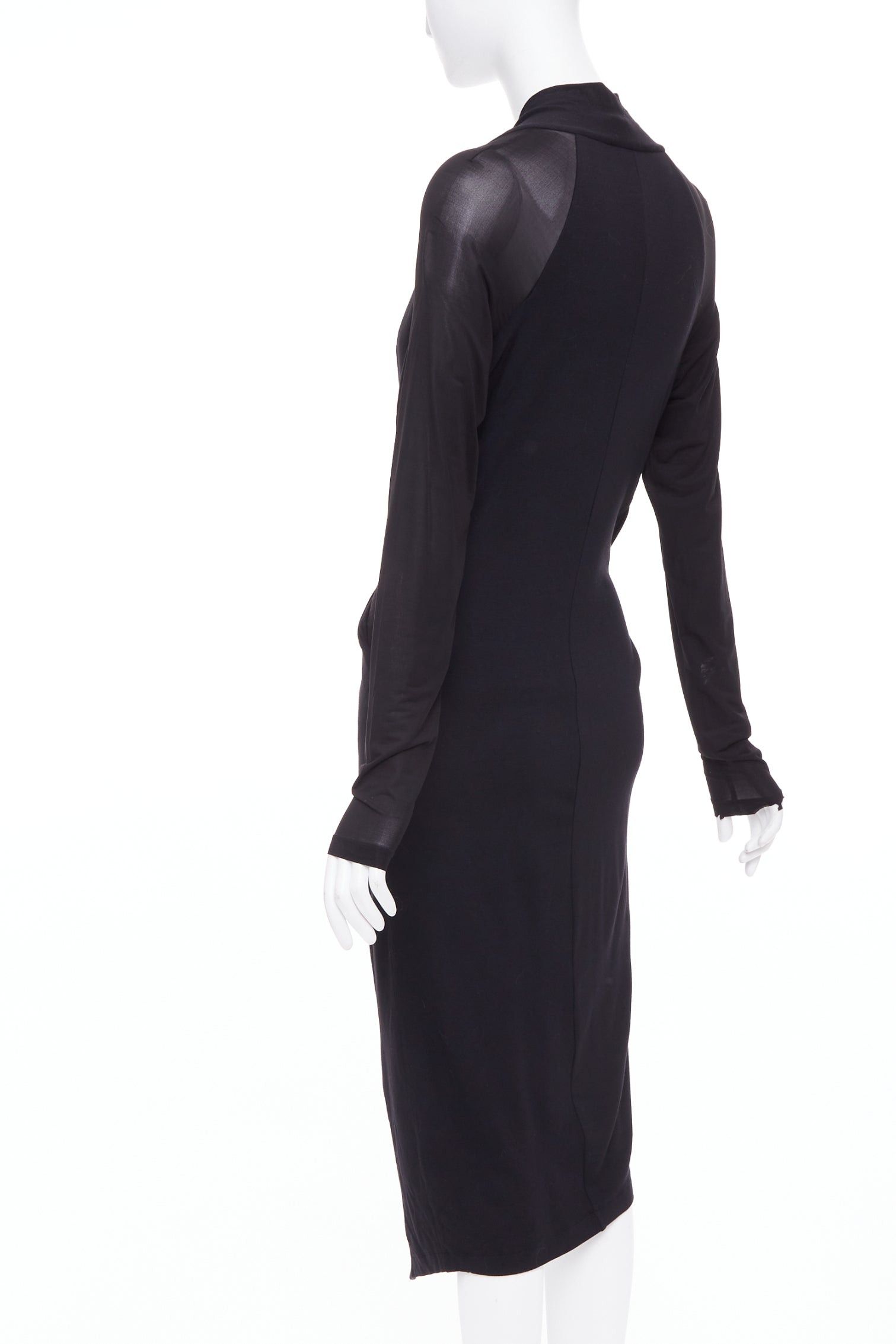 Donna Karan DONNA KARAN black jersey sheer mesh raglan drape plunge high low dress L Size M / US 6-8 / IT 42-44 - 5 Thumbnail