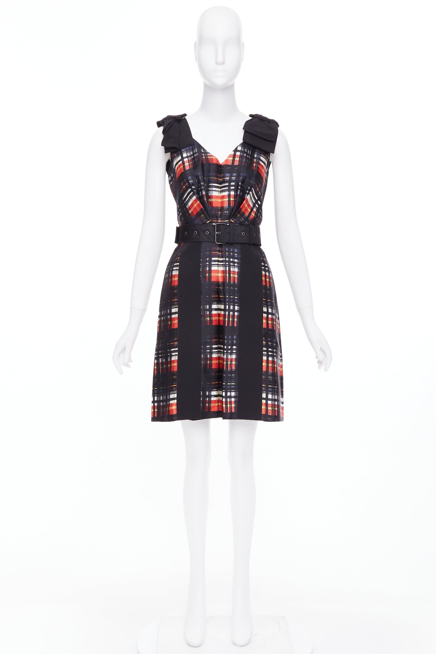 Prada PRADA 2015 Runway Vampire black red wool silk bow shoulder belted dress IT38 XS Size XS / US 0-2 / IT 36-38 - 2 Thumbnail