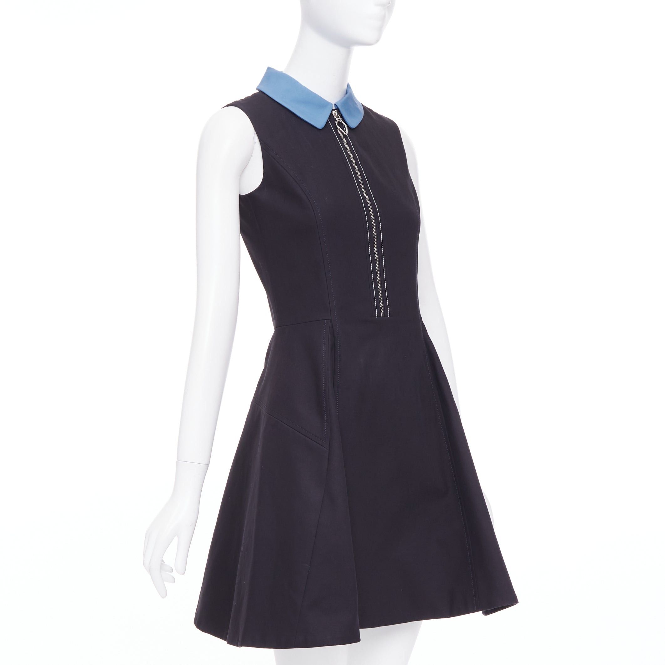 Dior CHRISTIAN DIOR blue black cotton half zip A-line silk lined dress FR34 XS Elle Fanning Size XS / US 0-2 / IT 36-38 - 3 Thumbnail