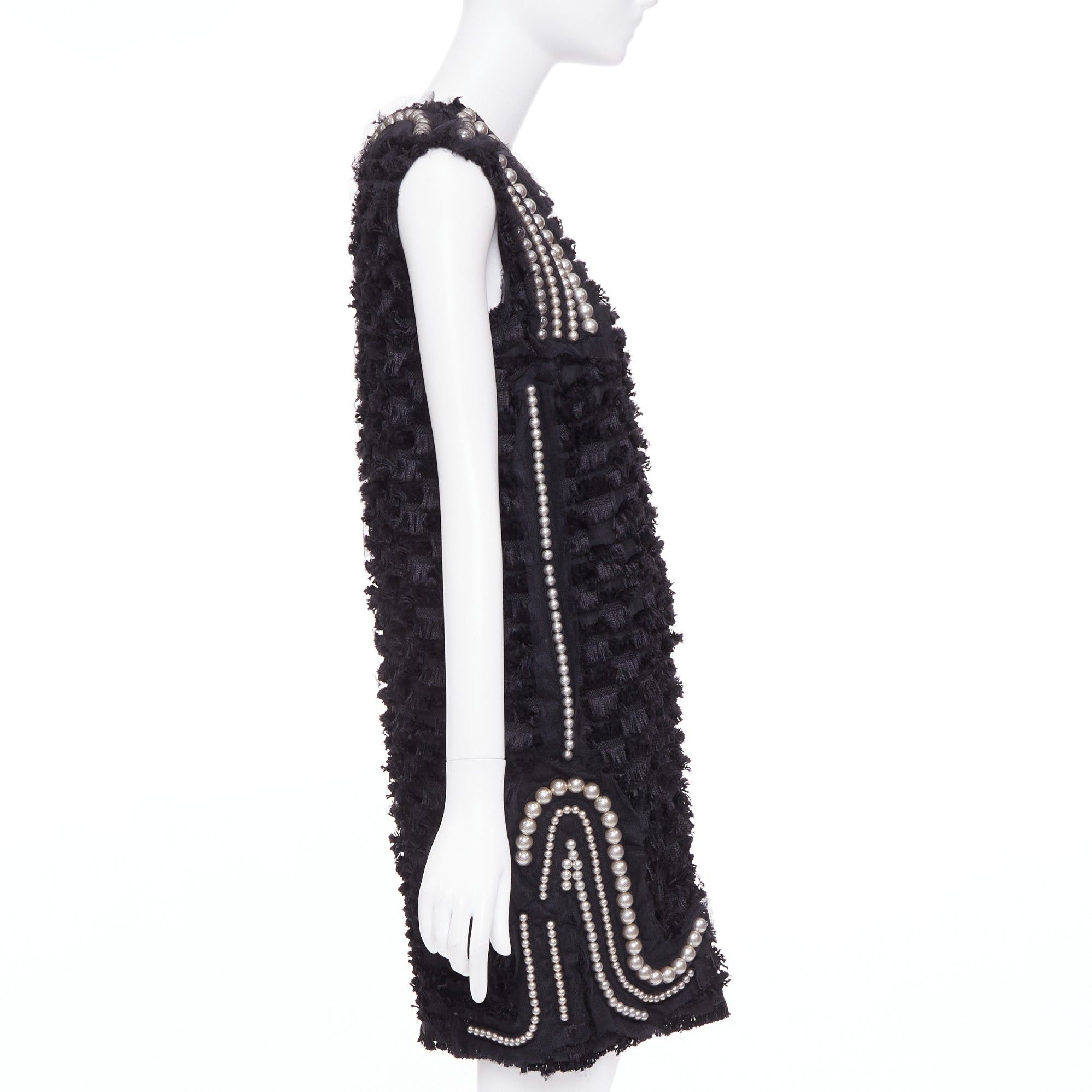 Lanvin LANVIN 2015 black pearl mesh embellished eyelash fringe silk lined dress FR36 S Size S / US 4 / IT 40 - 4 Thumbnail