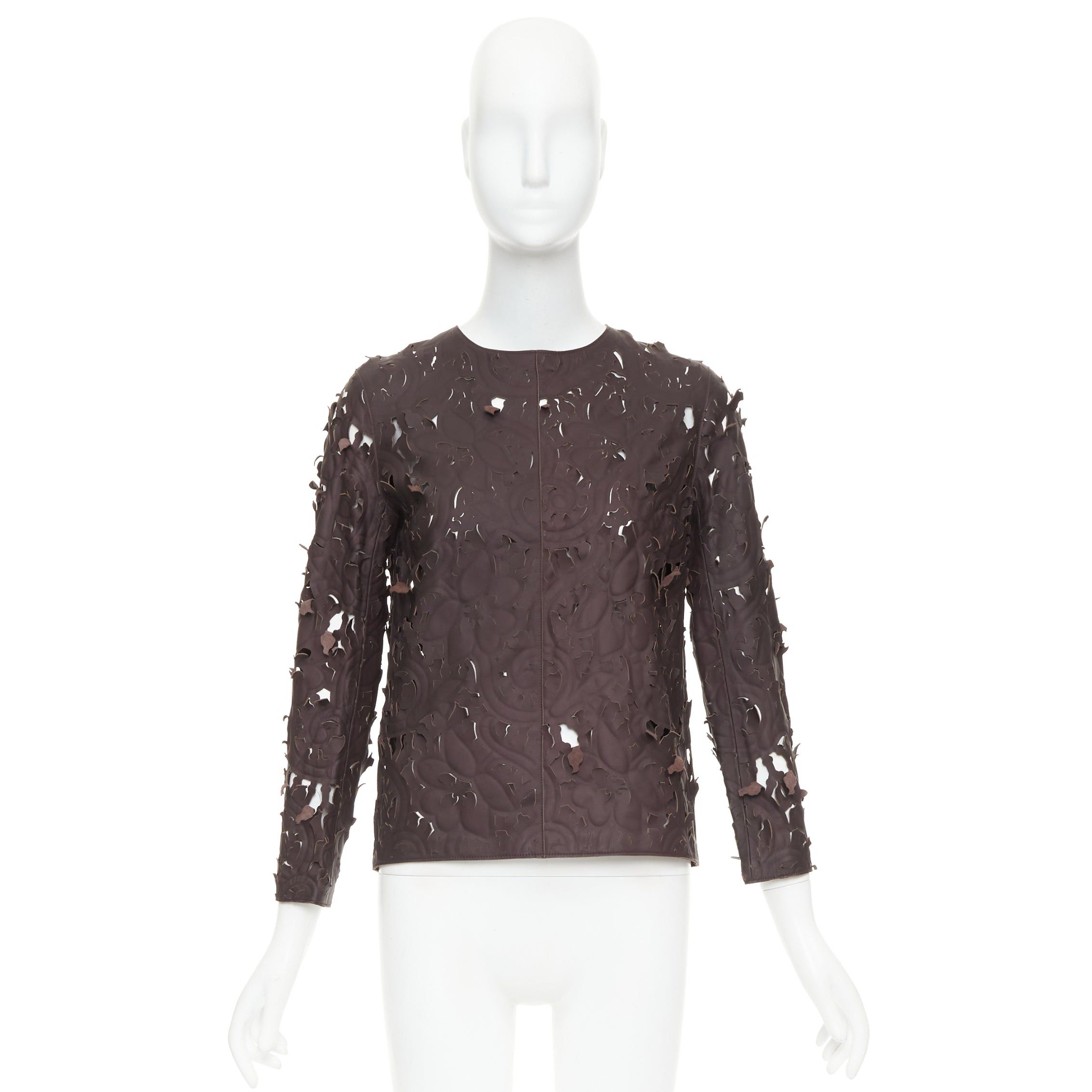 Carven rare CARVEN Cassis brown laser cut lambskin leather floral top FR36 Size S / US 4 / IT 40 - 9 Thumbnail