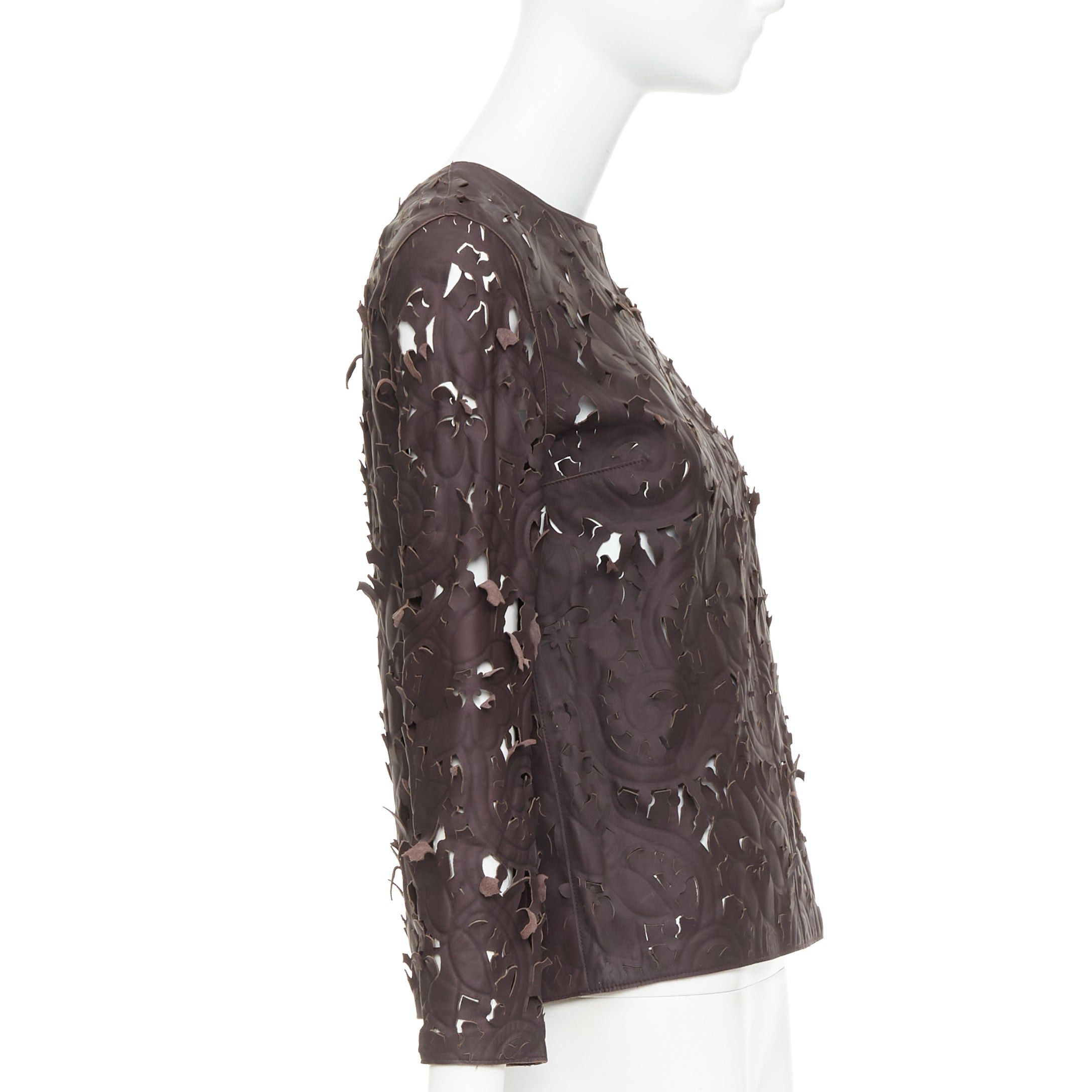 Carven rare CARVEN Cassis brown laser cut lambskin leather floral top FR36 Size S / US 4 / IT 40 - 4 Thumbnail
