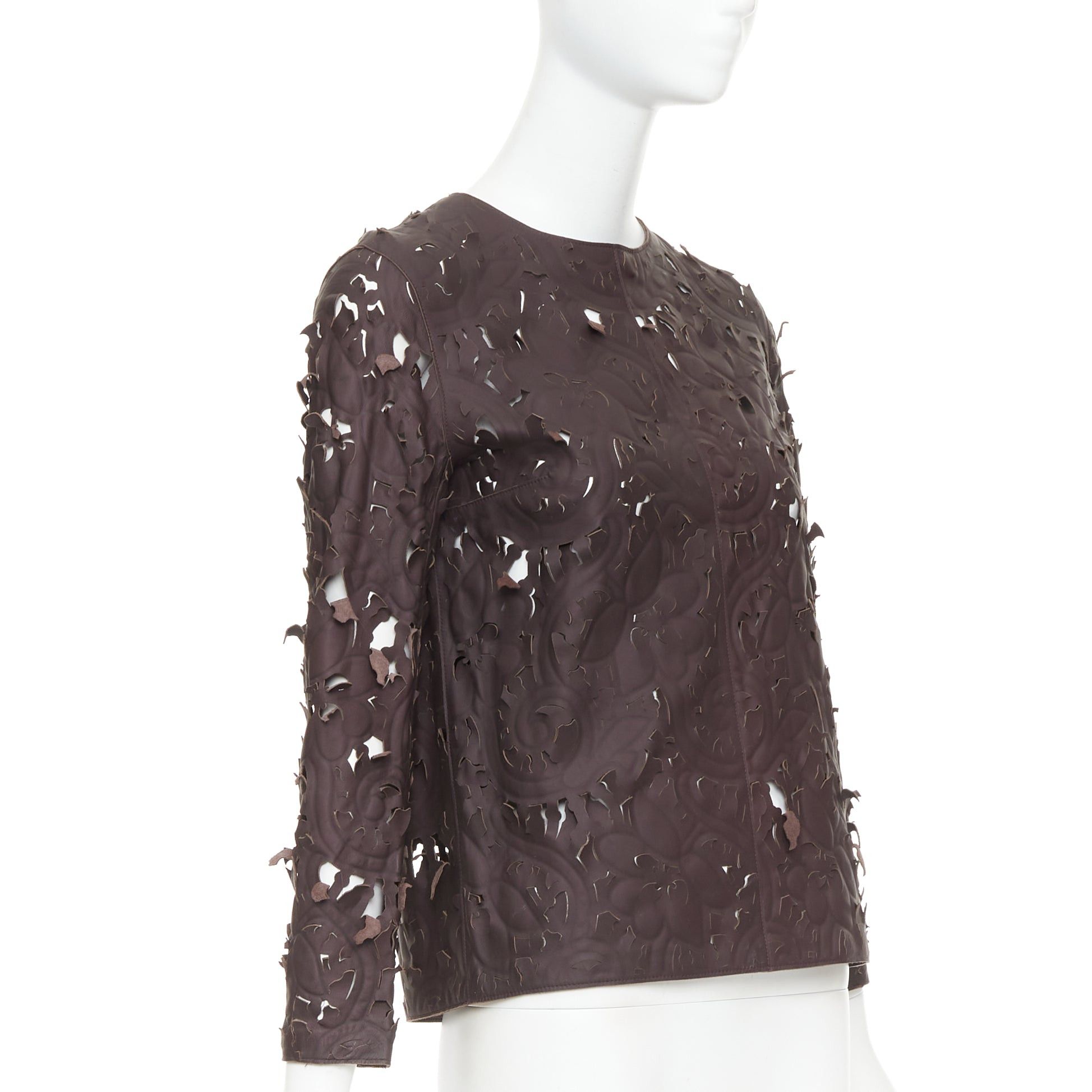 Carven rare CARVEN Cassis brown laser cut lambskin leather floral top FR36 Size S / US 4 / IT 40 - 3 Thumbnail