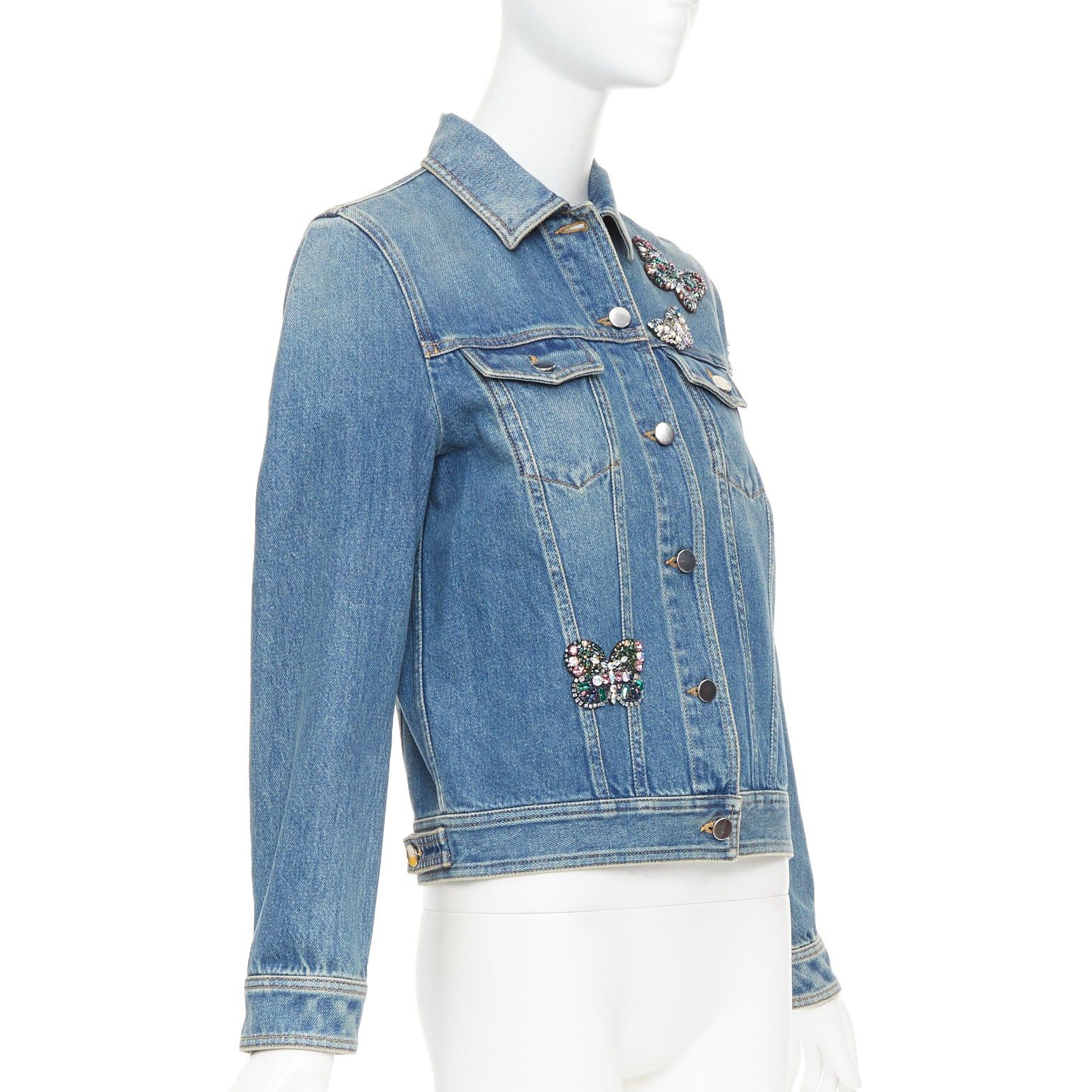 Valentino VALENTINO blue denim multicolor jewel butterfly embellished trucker jacket IT40 S Size S / US 4 / IT 40 - 4 Thumbnail