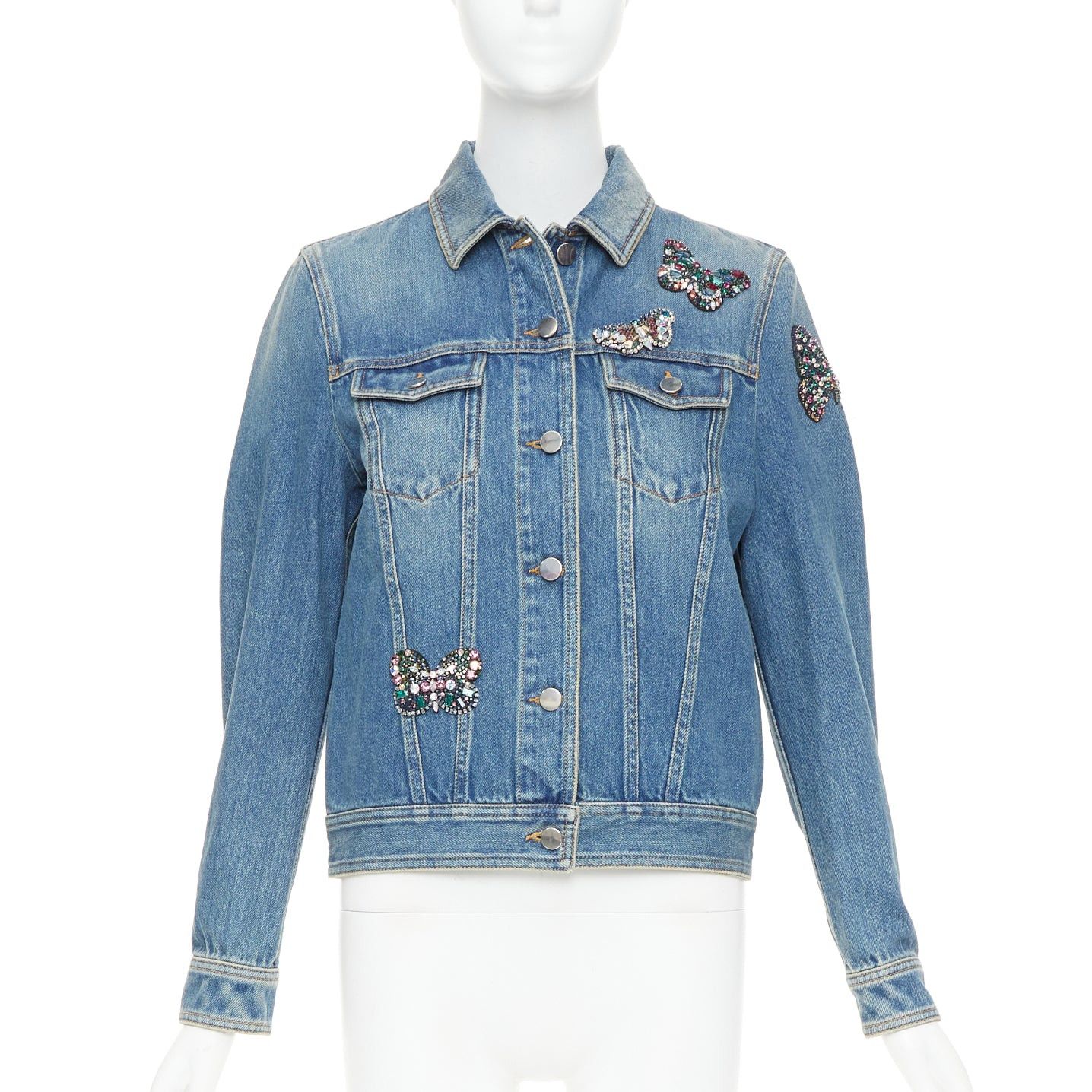 Valentino VALENTINO blue denim multicolor jewel butterfly embellished trucker jacket IT40 S Size S / US 4 / IT 40 - 3 Thumbnail
