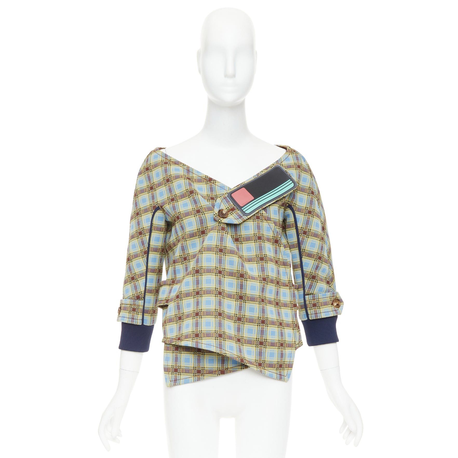 Prada PRADA 2017 Runway blue green check patch drape collar jacket IT38 XS Size XS / US 0-2 / IT 36-38 - 9 Thumbnail