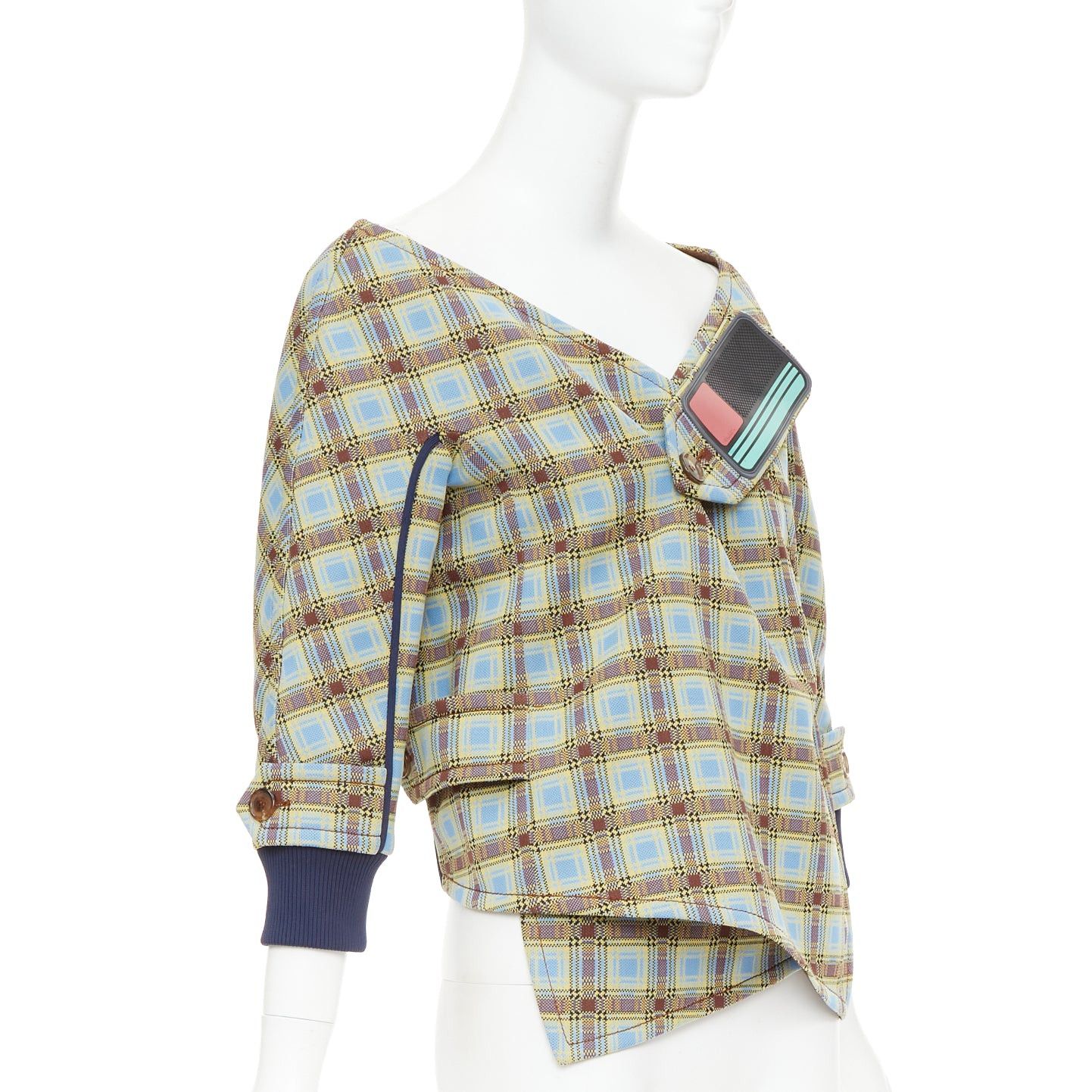 Prada PRADA 2017 Runway blue green check patch drape collar jacket IT38 XS Size XS / US 0-2 / IT 36-38 - 3 Thumbnail