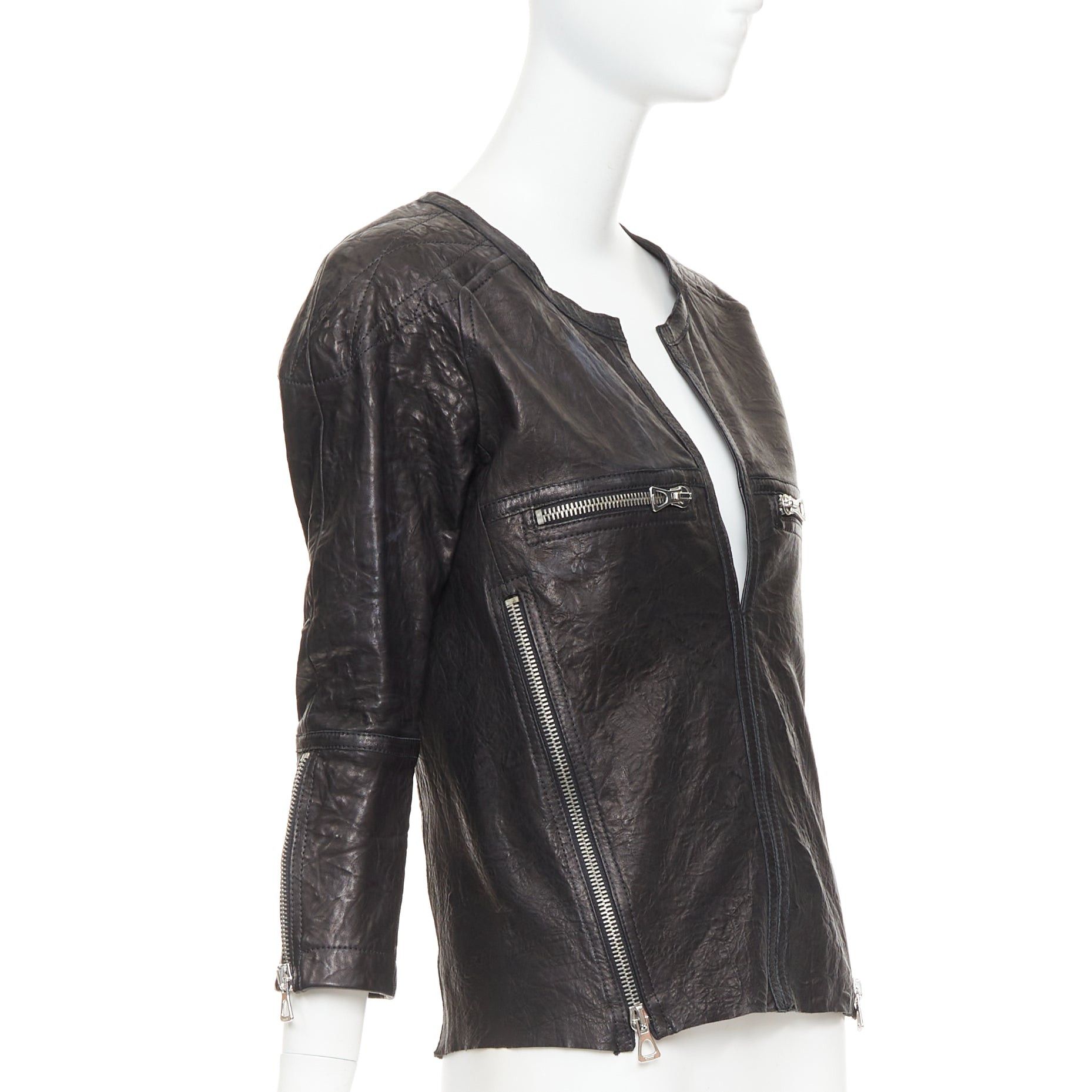 Isabel Marant ISABEL MARANT black crinkled leather biker zip pullover jacket FR1 S Size S / US 4 / IT 40 - 3 Thumbnail
