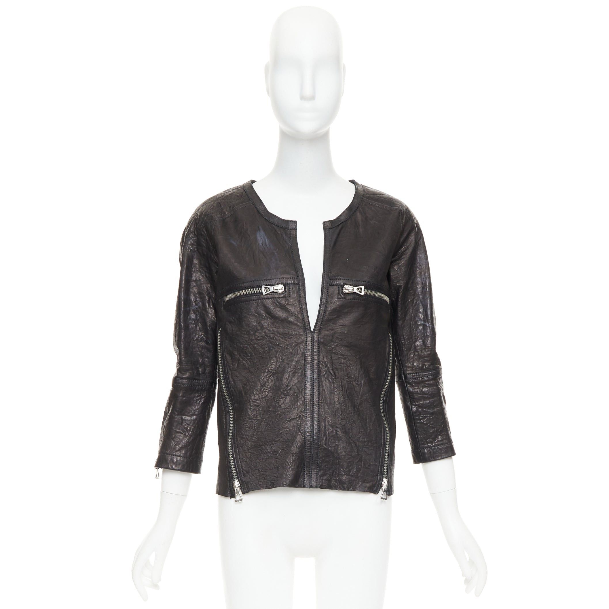 Isabel Marant ISABEL MARANT black crinkled leather biker zip pullover jacket FR1 S Size S / US 4 / IT 40 - 9 Thumbnail