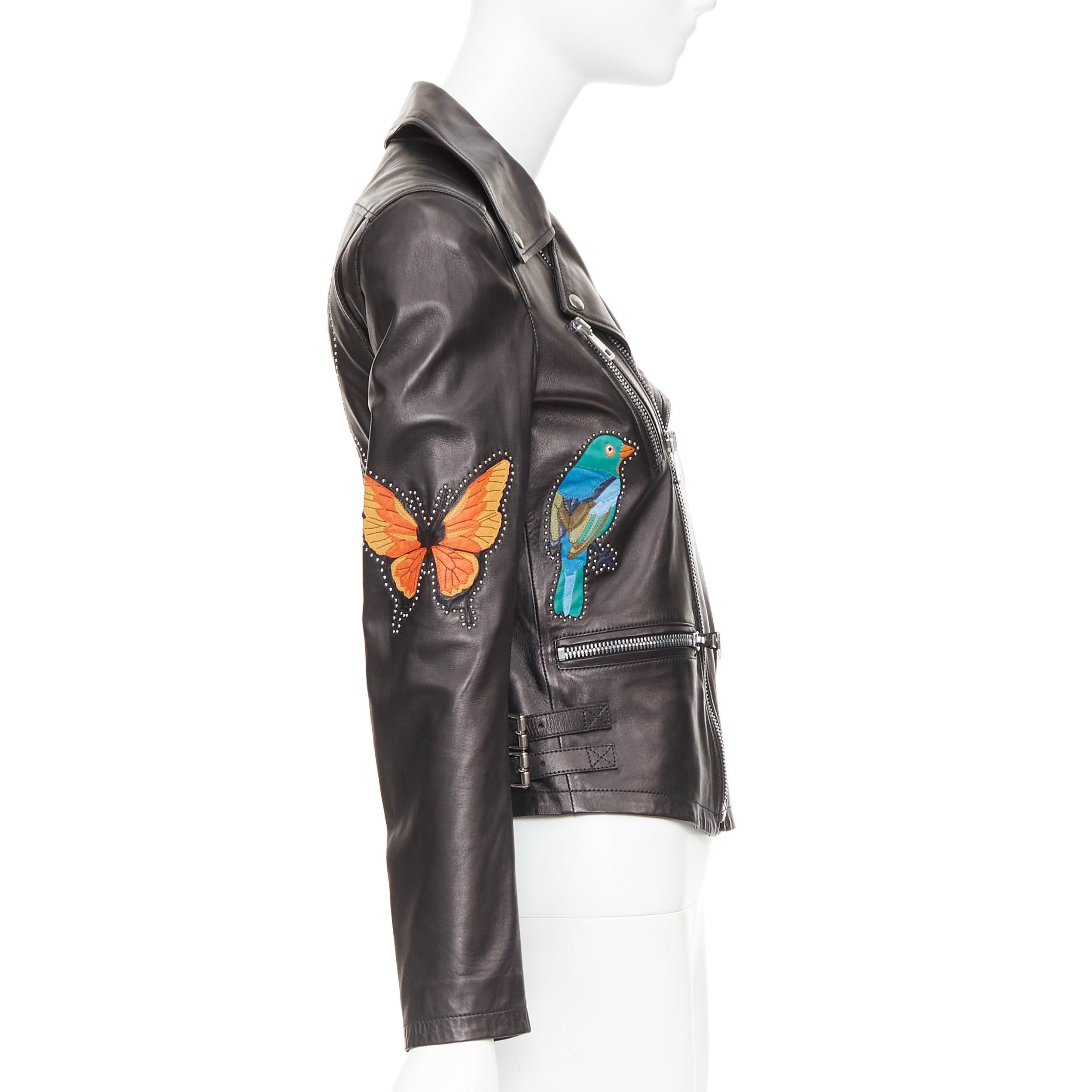 Gucci GUCCI Michele black leather tropical bird butterfly applique studded biker jacket IT38 XS Size XS / US 0-2 / IT 36-38 - 5 Thumbnail
