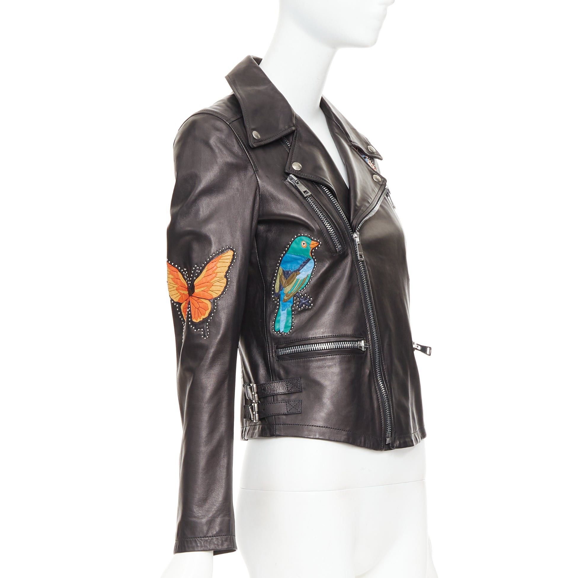 Gucci GUCCI Michele black leather tropical bird butterfly applique studded biker jacket IT38 XS Size XS / US 0-2 / IT 36-38 - 4 Thumbnail