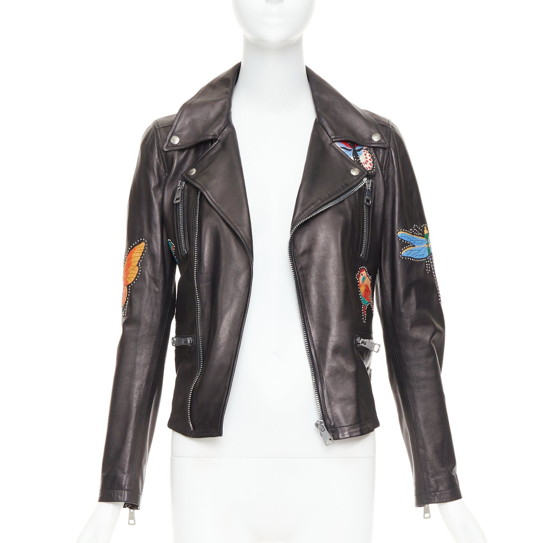Gucci GUCCI Michele black leather tropical bird butterfly applique studded biker jacket IT38 XS Size XS / US 0-2 / IT 36-38 - 2 Thumbnail