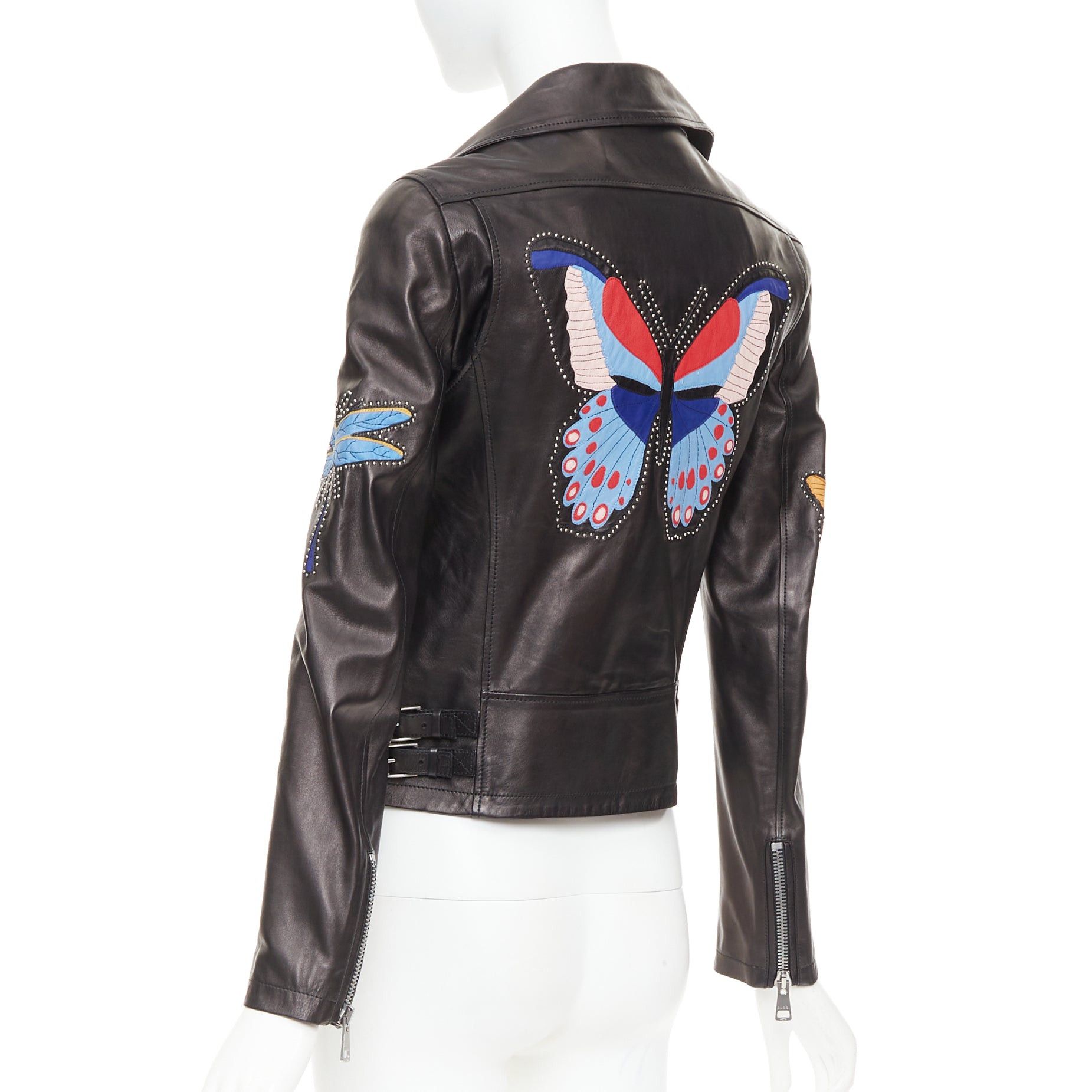 Gucci GUCCI Michele black leather tropical bird butterfly applique studded biker jacket IT38 XS Size XS / US 0-2 / IT 36-38 - 6 Thumbnail