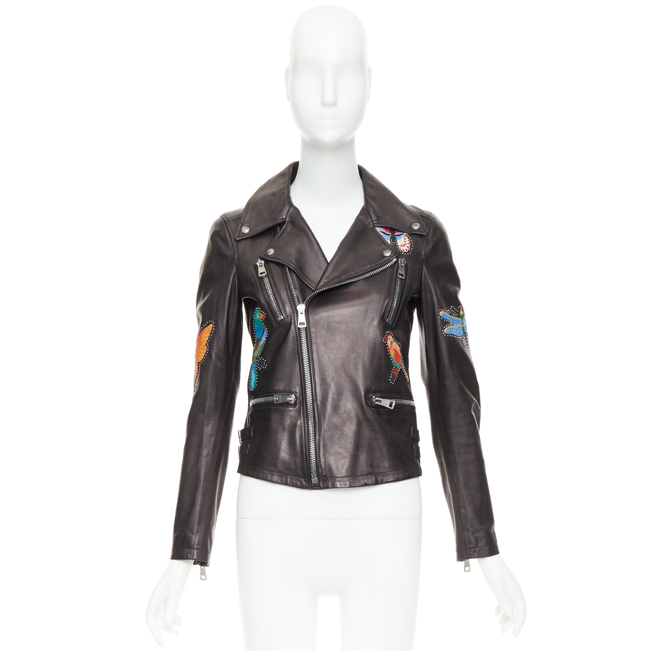 Gucci GUCCI Michele black leather tropical bird butterfly applique studded biker jacket IT38 XS Size XS / US 0-2 / IT 36-38 - 10 Thumbnail