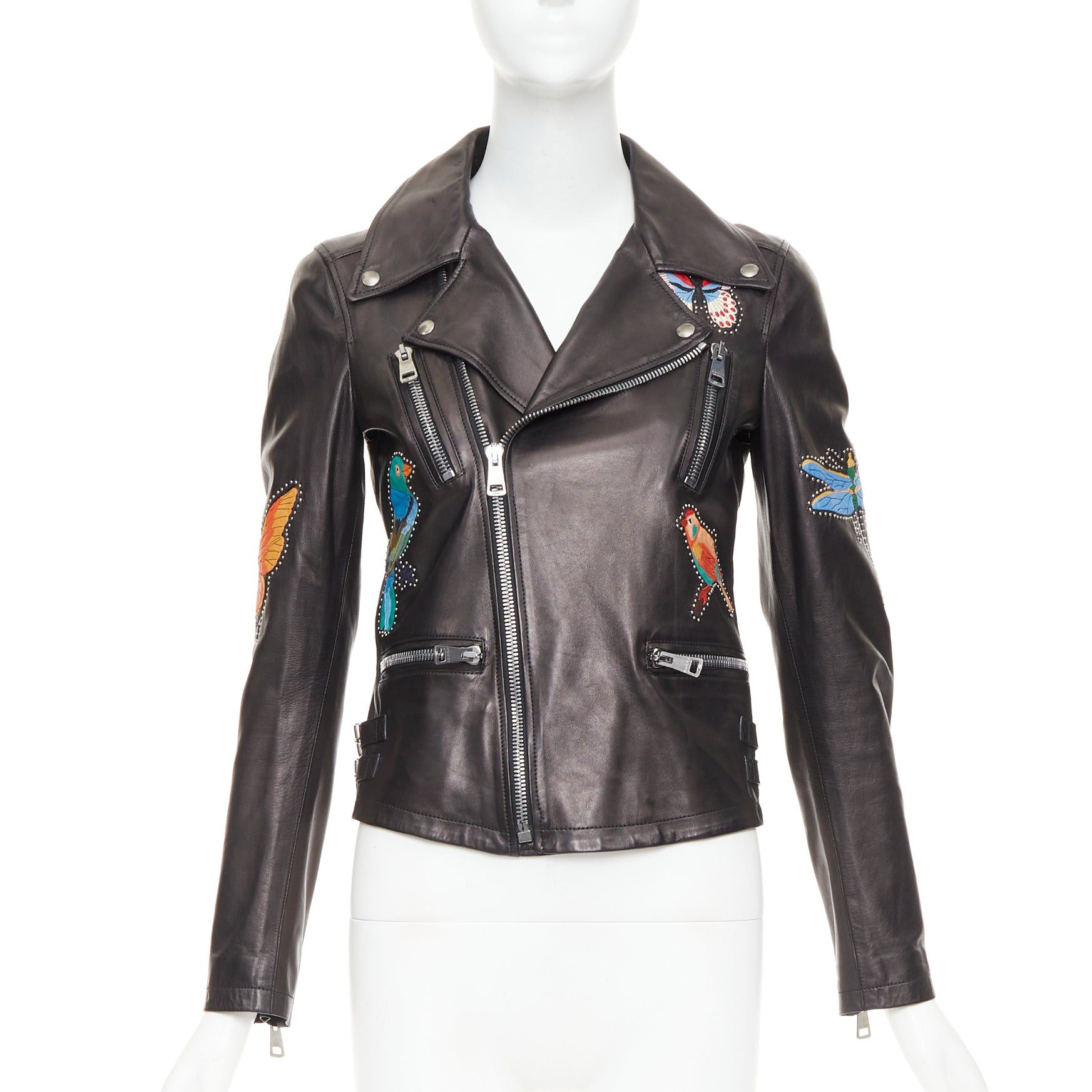 Gucci GUCCI Michele black leather tropical bird butterfly applique studded biker jacket IT38 XS Size XS / US 0-2 / IT 36-38 - 3 Thumbnail