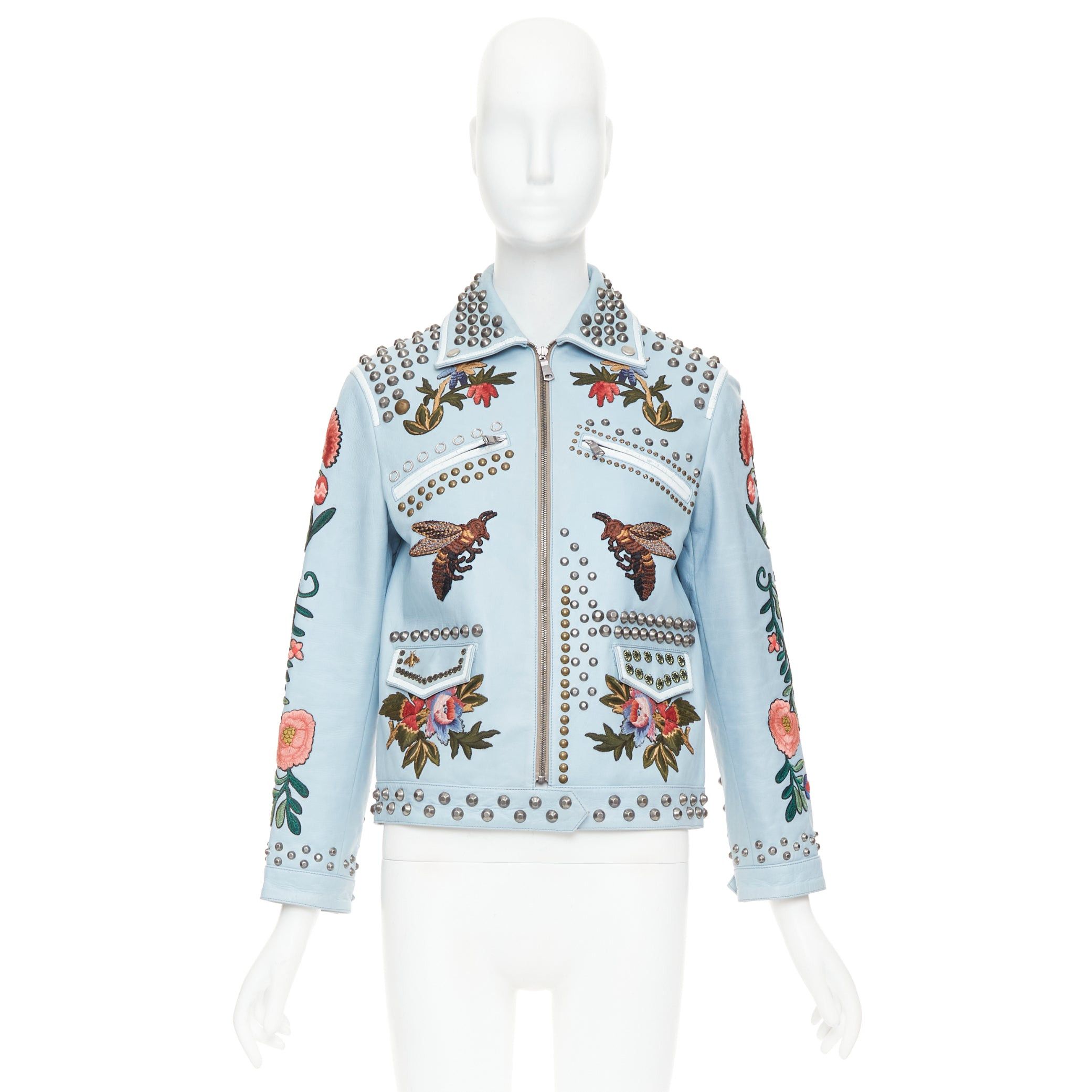 Gucci GUCCI Michele 2016 Runway light blue bee floral embroidery studded jacket IT38 XS Size XS / US 0-2 / IT 36-38 - 11 Thumbnail