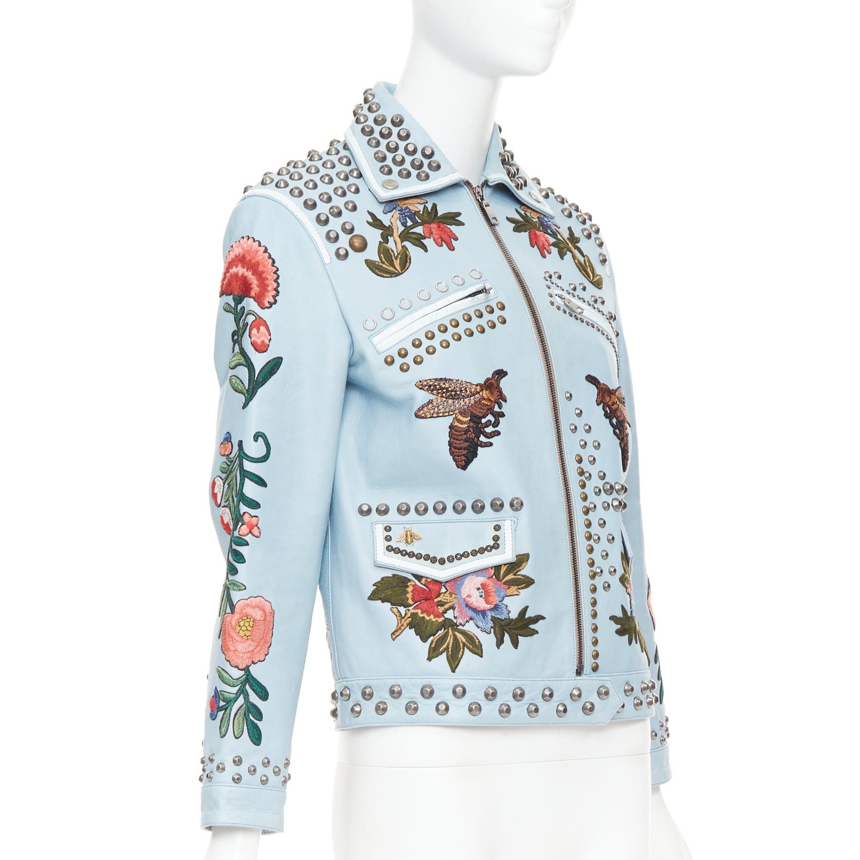 Gucci GUCCI Michele 2016 Runway light blue bee floral embroidery studded jacket IT38 XS Size XS / US 0-2 / IT 36-38 - 4 Thumbnail