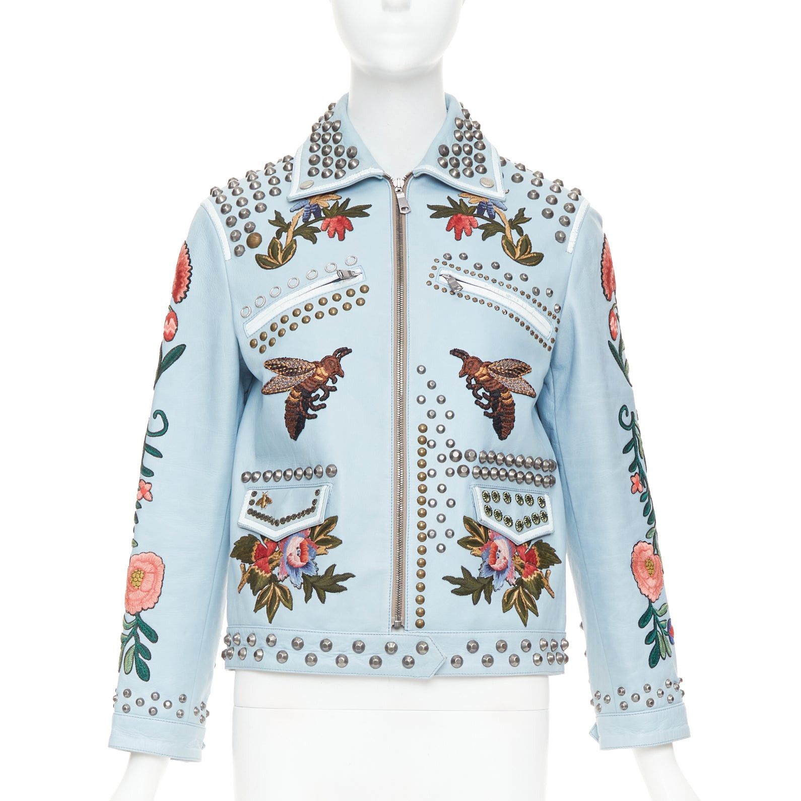 Gucci GUCCI Michele 2016 Runway light blue bee floral embroidery studded jacket IT38 XS Size XS / US 0-2 / IT 36-38 - 3 Thumbnail