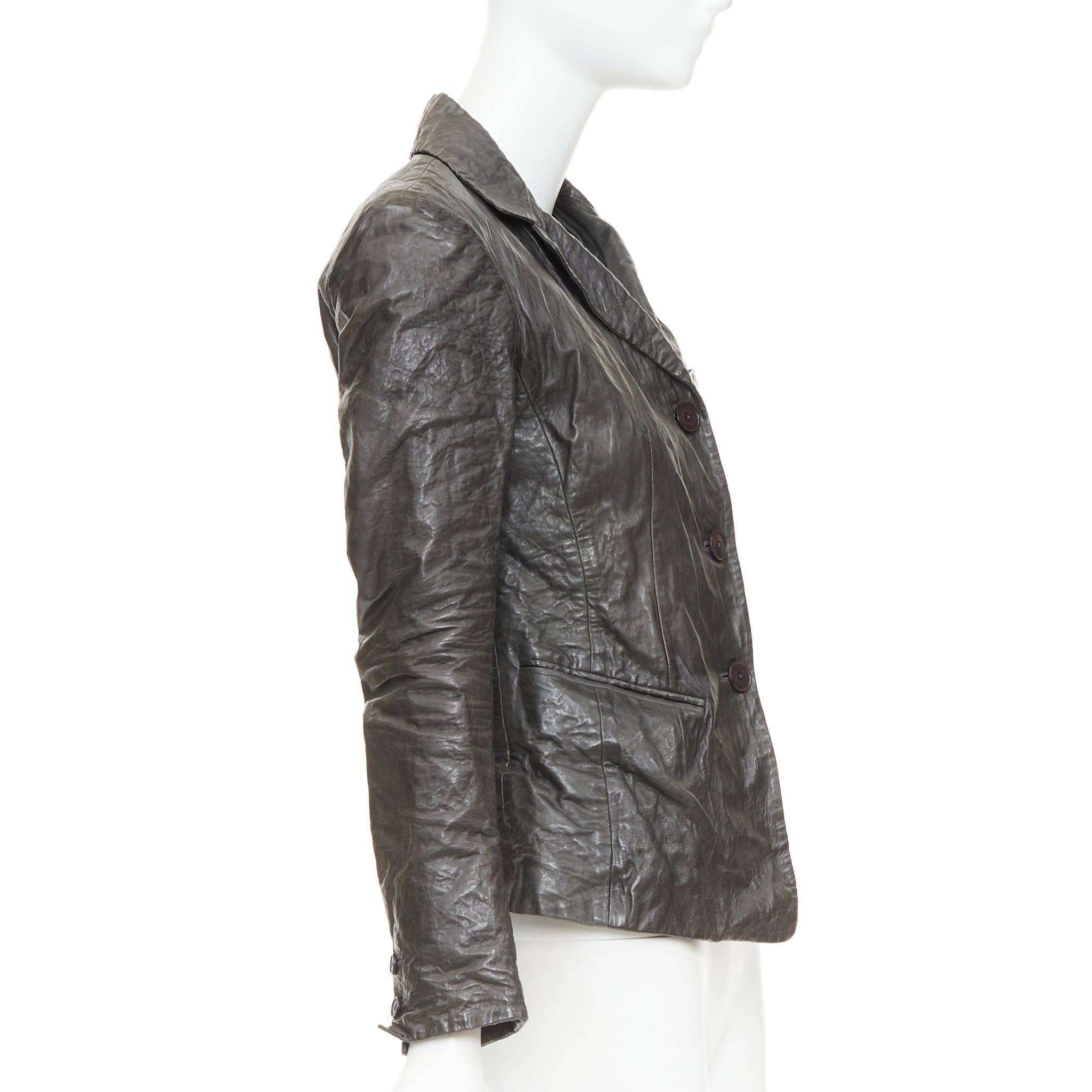 Donna Karan DONNA KARAN dark taupe crinkled lambskin leather blazer jacket IT38 XS Size S / US 4 / IT 40 - 4 Thumbnail