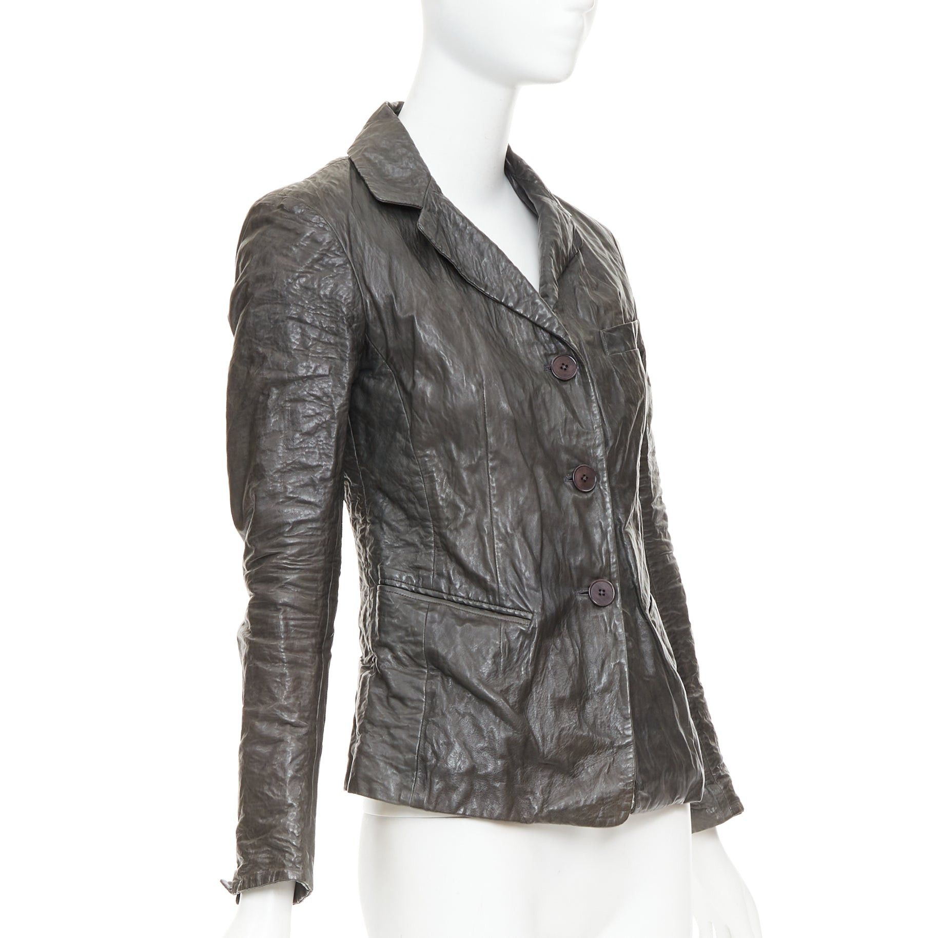 Donna Karan DONNA KARAN dark taupe crinkled lambskin leather blazer jacket IT38 XS Size S / US 4 / IT 40 - 3 Thumbnail