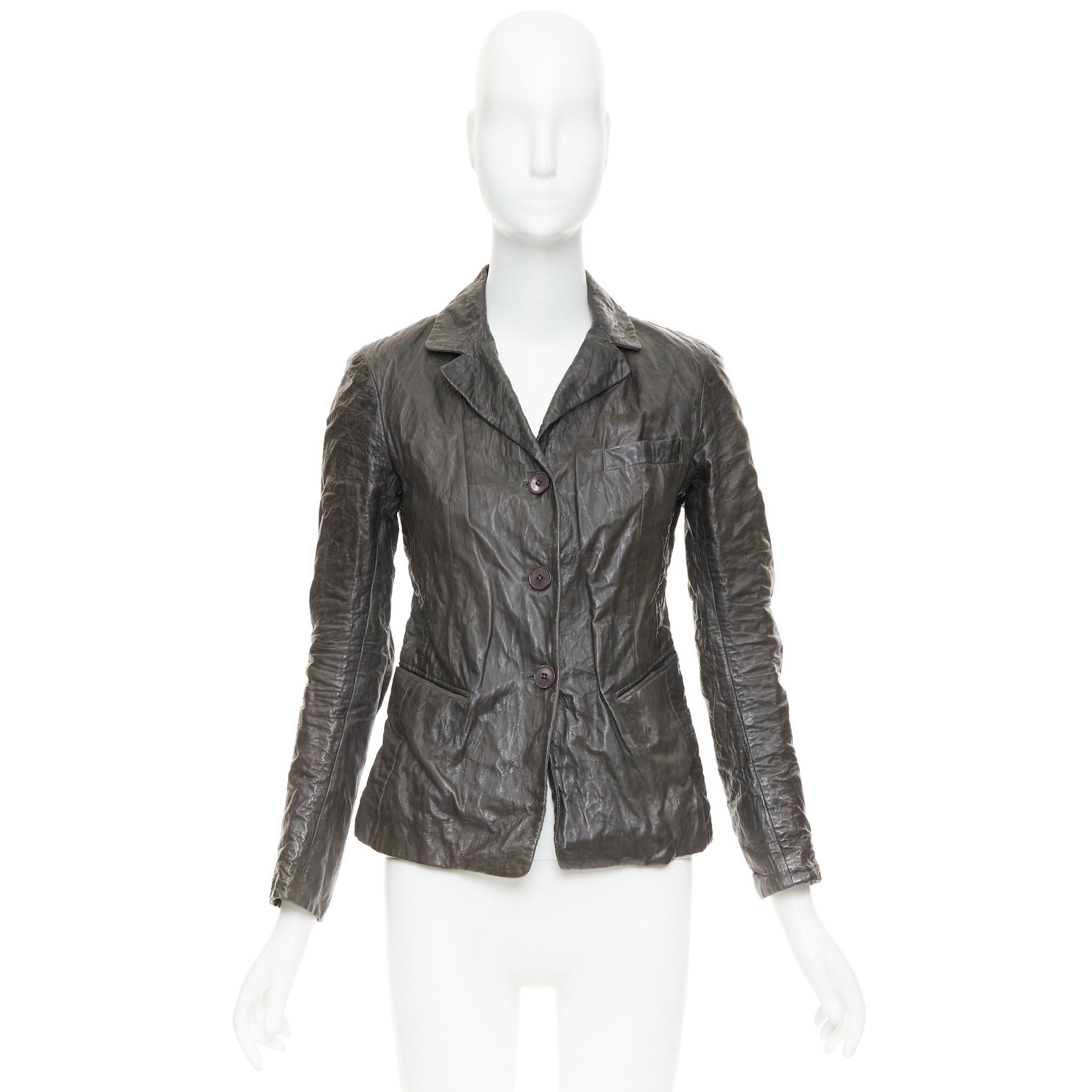 Donna Karan DONNA KARAN dark taupe crinkled lambskin leather blazer jacket IT38 XS Size S / US 4 / IT 40 - 9 Thumbnail