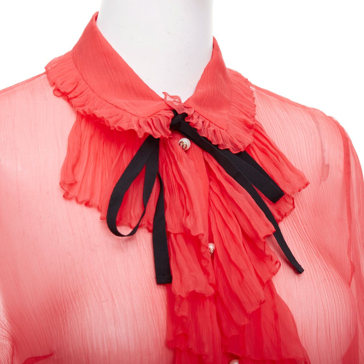 Gucci GUCCI coral red sheer chiffon GG pearl black pussybow ruffle blouse IT42 M Size M / US 6-8 / IT 42-44 - 2 Thumbnail