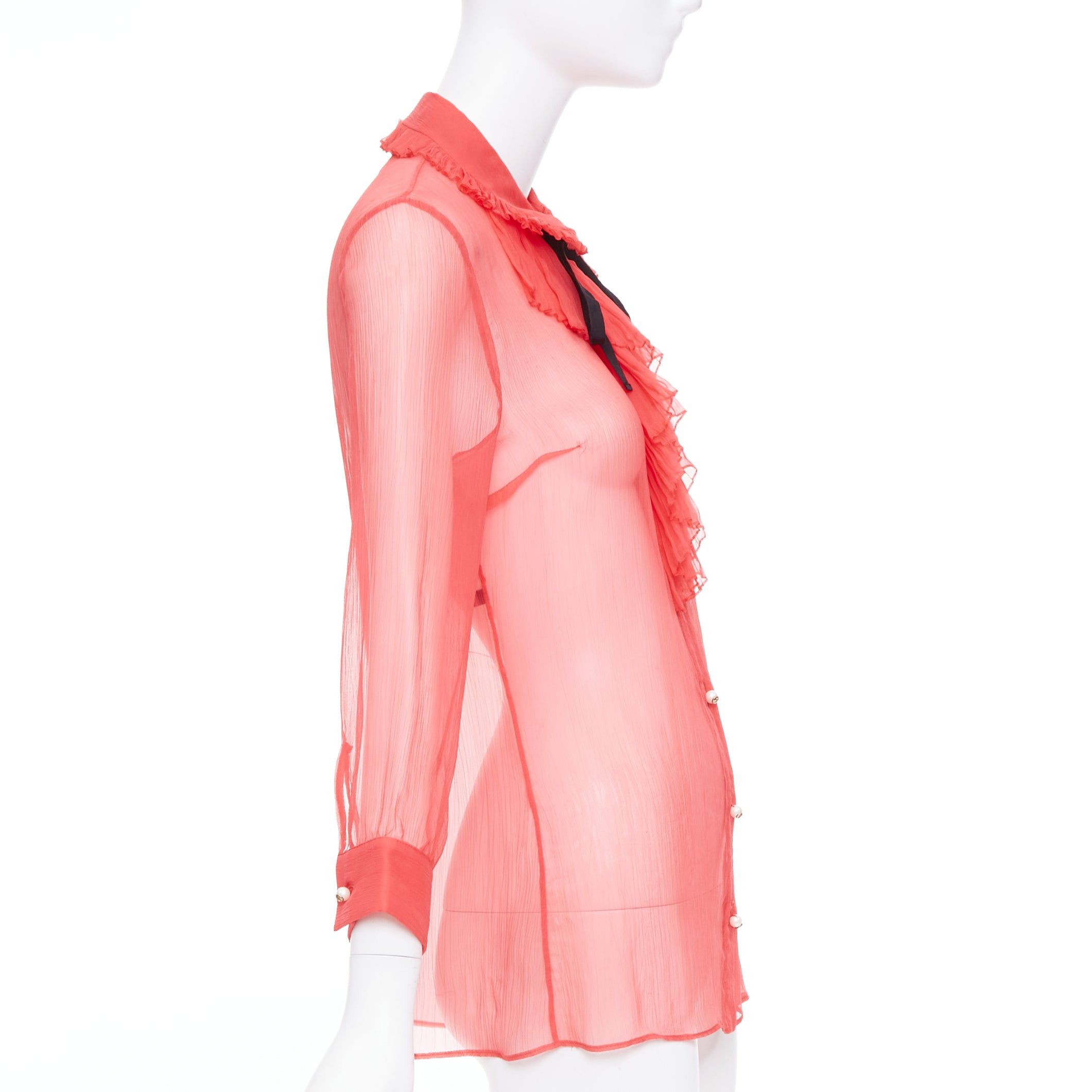Gucci GUCCI coral red sheer chiffon GG pearl black pussybow ruffle blouse IT42 M Size M / US 6-8 / IT 42-44 - 4 Thumbnail