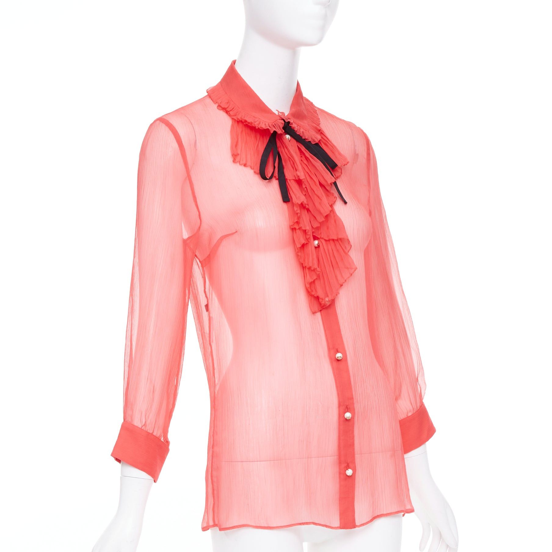 Gucci GUCCI coral red sheer chiffon GG pearl black pussybow ruffle blouse IT42 M Size M / US 6-8 / IT 42-44 - 3 Thumbnail